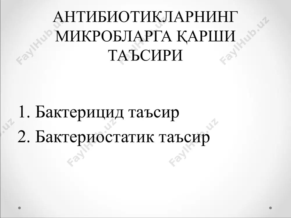 дан бошлаб туриш керак 4. юқори антимикроб таъсир келтириб чиқариш учун антибиотикларнинг юбориш йўллари, миқдори, маҳали ва комбинациясини ҳал қилиш керак 5. касалликнинг клиник белгилари йўқолгандан сўнг ҳам антибиотик бериб туриш керак image3.png image4.png image5.png image6.png image7.png image8.png image2.jpeg