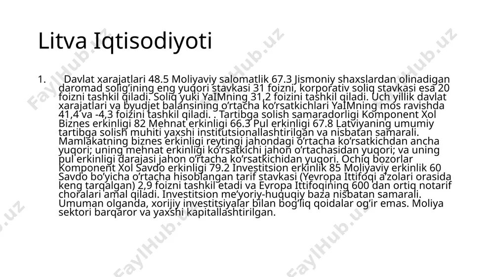 utsionallashtirilgan va nisbatan samarali. mamlakatning biznes erkinligi reytingi jahondagi o’rtacha ko’rsatkichdan ancha yuqori; uning mehnat erkinligi ko’rsatkichi jahon o’rtachasidan yuqori; va uning pul erkinligi darajasi jahon o’rtacha ko’rsatkichidan yuqori. ochiq bozorlar komponent xol savdo erkinligi 79.2 investitsion erkinlik 85 moliyaviy erkinlik 60 savdo bo’yicha o’rtacha hisoblangan tarif stavkasi (yevropa ittifoqi a’zolari orasida keng tarqalgan) 2,9 foizni tashkil etadi va evropa ittifoqining 600 dan ortiq notarif choralari amal qiladi. investitsion me’yoriy-huquqiy baza nisbatan samarali. umuman olganda, xorijiy investitsiyalar bilan bog’liq qoidalar og’ir emas. moliya sektori barqaror va yaxshi kapitallashtirilgan. global innovatsiyalar indeksida latviya 2023-yilda 39,7 ball bilan 37-o‘rinni egalladi. indeks har yili jahon intellektual mulk tashkiloti (wipo) tomonidan hisoblab chiqiladi va yaqinda 129 davlatni o’z ichiga oladi. birinchi o‘rinni 67,6 ball bilan shveysariya egalladi. 1995 – 2023 yillarda yalpi ichki mahsulotni milliardlab aqsh dollarida rivojlantirish image1.jpeg image2.jpeg /docprops/thumbnail.jpeg