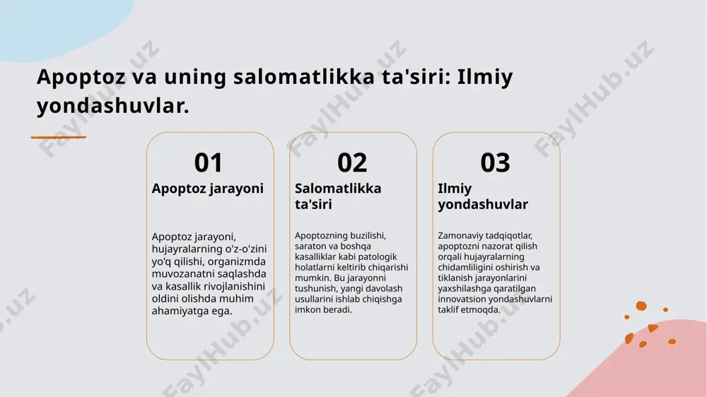 yra terapiyasi biomateriallar hujayralarning tiklanishini tezlashtirish uchun genetik modifikatsiyalar qo'llanilishi mumkin. bu usul, hujayra regeneratsiyasini oshiradi va ziyonni kamaytiradi. hujayra terapiyasi, shikastlangan hujayralarni almashtirish uchun sog'lom hujayralarni kiritishni o'z ichiga oladi. bu yondashuv, shikastlangan to'qimalarni tiklashda samarali hisoblanadi. innovatsion biomateriallar, shikastlangan hujayralar uchun qo'llaniladigan ko'makchi vosita sifatida xizmat qiladi. ular, to'qimalarni tiklash jarayonini qo'llab-quvvatlaydi va jarrohlikni osonlashtiradi. klinik amaliyotda shikastlangan hujayralarni tiklash yondoshuvlari. 01 klinik yondashuvlar shikastlangan hujayralarni tiklashda klinik usullar, masalan, regenerativ tibbiyot va hujayra terapiyasi, muhim o'rin tutadi va yangi imkoniyatlar yaratadi. 02 hujayra terapiyasi hujayra terapiyasi shikastlangan to'qimalarga sog'lom hujayralarni kiritish orqali ularni tiklashga yordam beradi, bu jarayon yangilanish va tiklanishni tezlashtiradi. 03 regeneratsiya regeneratsiya jarayonlari, masalan, stem hujayralari yordamida shikastlangan hujayralarni qayta tiklashda yaxshi natijalar ko'rsatadi, bu esa to'qimalarning normal funksiyasini tiklaydi. 04 innovatsion yondashuvlar innovatsion yondashuvlar, masalan, gen terapiyasi va biomateriallar, shikastlangan hujayralarni tiklashda yangi imkoniyatlar va samarali usullarni taqdim etadi. xulosa 01 apoptozning o'rni …