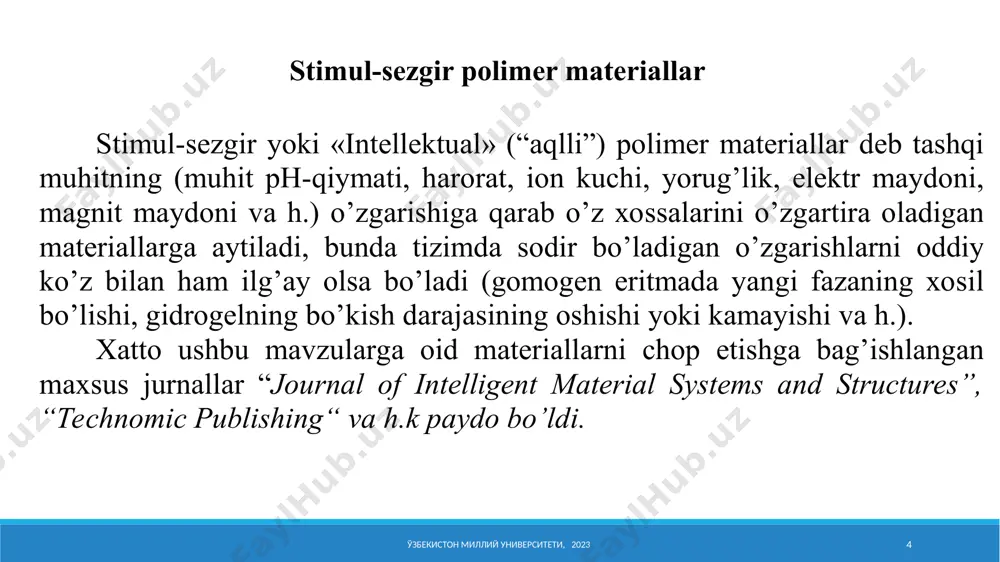 en deutschland , 2016, 211 p. м. мухамедиев, д. гафурова, м. махкамов, д. шахидова, т. рахимов. махсус хоссага эга болган полимер материаллар. услубий қўлланма. тошкент; университет, 2019.107 б. полимерные композиционные материалы. свойства. структура. технологии. /под ред. а.а. берлина. спб.: профессия, 2009. 560 с. ўзбекистон миллий университети, 2023 23 image1.png image2.emf image3.png image4.png image5.png image6.emf image7.png image8.png image9.png image10.png image11.png image12.png image13.png image14.png image15.png image16.png image17.png image18.png image19.emf image20.png image21.png image22.png image23.emf image24.png image25.png image26.png image27.png image28.png image29.png image30.gif image31.png image32.png image33.gif