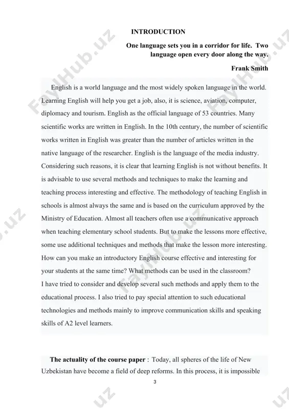 hnologies in developing appropriate and effective communication skills 1.1 reasons for using educational technologies today, for our country, which is striving to take its rightful place in the world community, for our nation, which is building its great future in solidarity and cooperation with our foreign partners. there is no need to overestimate the importance of a perfect knowledge of languages". especially positive in primary education one of the decisions that caused changes is the 2012 decision of the first president of the republic of uzbekistan december 10 "on measures to further improve the system of learning foreign languages" pq-1875-number is decision. according to this decision, foreign languages, mainly english, are taught from primary school teaching, all general education to further increase their interest in teaching foreign languages teaching english classes in schools from the 1st grade in the form of various interesting games and thus at the same time, …