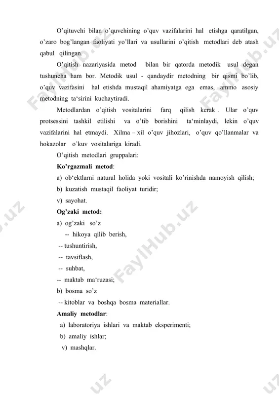 olish; v) tsitatalar yozib olish; g) tezislar tuzish – ishning asosiy qoidalarini qisqa va qat‘iy shaklda yozib olish; d) referat yozish, ya‘ni bir yoki bir necha bo’yicha qandaydir masalani o’z mulohazalarini aytish bilan bayon qilish; e) taqriz yozish; j) annotatsiya yozish - kitob yoki maqolaning mazmuniga qisqacha ta‘rif berish. kimyo o’qitish usullari o’qituvchining muxim vazifalaridan biri o’quvchilarni o’qitish, tarbiyalash va rivojlantirishini ta’minlaydigan optimal usulni tanlashdan iboratdir. o’qitish usuli bu o’qituvchi va o’quvchilarning birgalikdagi maqsad sari yo’nalgan faoliyati deb tushunsa bo’ladi. kimyo uqitish usullari yuzasidan yagona fikr yo’q. pedagogika adabiyotida a) dogmatik, b) illyustrativ, v) evristik usullar bor. "o’qitish metodi " tushunchasiga har xil ma’no beriladi. ba’zilar "metod'' sozining tarjimasiga asoslanib - ("yo’l" demakdir) - bu tushuncha bo’yicha o’quvchilarni bilmaslikdan bilimdonlikka olib borsin deydilar. dogmatik, illyustrativ, evristik metodlar ana shundan kelib chiqqan. dogmatik (og‘zaki - dogmatik) usuli - o’qituvchi materialni og‘zaki, ko’rsatma vositalardan foydalanmay, dalil - isbotsiz o’quvchilarni jalb etishdan iborat. …