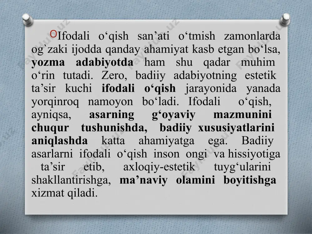 atini egallashga yaqindan yordam beradi. adabiyot hayotni in’ikos ettirar ekan, u insonning o‘zini o‘ziga ko‘rsatuvchi ulkan ko‘zgu vazifasini ham bajaradi. o‘sha ko‘zgu orqali har bir kishi o‘zining yaxshi va yomon tomonlarini ko‘radi, qusur va kamchiliklardan forig‘ bo‘lishga, ruhan tozarishga intiladi. forig‘lanish yoxud ruhan tozalanish buyuk faylasuf aristotel talqiniga ko‘ra, san’atning o‘z oldiga qo‘ygan bosh maqsadidir. san’at, xususan, adabiyot insonni ziddiyatlar asosiga qurilgan, hayot atalmish mo‘jizaning nima ekanligini anglashga o‘rgatadi, yovuzlikka nafrat, ezgulikka muhabbat tuyg‘ularini uyg‘otadi va, shu tariqa, inson ma’naviy olamini go‘zallashtiradi. mana shu vazifalarni ado etishda ifodali o‘qish san’ati badiiy adabiyotning eng yaqin ko‘makchisi hisoblanadi. zero, badiiy asardagi nafosat va go‘zallikni chuqur his qilish va shu orqali axloqiy-estetik tuyg‘ularni shakllantirish badiiy o’qish asoslari fanining asosiy vazifasidir. adabiyotning barcha tur va janrlaridagi badiiy asarlar badiiy o’qish asoslari fanining o‘rganish ob’ekti bo‘lib xizmat qiladi. ifodali o‘qish deganda, faqat lirik turga mansub asarlargina emas, balki epik va dramatik turdagi asarlarni o‘qish ham …