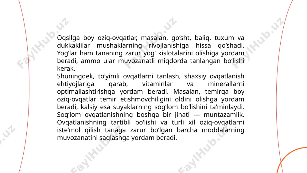 klash bolalar sog‘lig‘ini yaxshilash va kasalliklarning oldini olishda muhim rol o‘ynaydi. 3. zararli oziq-ovqatlarni cheklash va bolani sog'lom ovqatlarga jalb qilish. ... t.me/slaydai_bot sog‘lom ovqatlarga bolani jalb qilish uchun, birinchi navbatda, ularni ko‘proq meva, sabzavotlar, to‘liq donlar va oqsillarga boy mahsulotlar bilan tanishtirish zarur. bu mahsulotlar bolaga zarur vitaminlar, minerallar va ozuqa moddalari beradi. shuningdek, ularga suyuqlikni, ayniqsa suvni yetarli miqdorda ichish odatini shakllantirish kerak. bolaga sog‘lom ovqatlarni tayyorlashda ularni jarayonni o‘yin va qiziqarli tarzda tashkil qilishda yordam berish mumkin. masalan, sabzavotlar va mevalar bilan rang-barang salatlar tayyorlash, ularni o‘ziga yoqadigan shakllarda kesish orqali bolaga qiziqarli va foydali ovqatlarni tanlashni o‘rgatish mumkin. bundan tashqari, bolalarga sog‘lom ovqatlar haqida ma'lumot berish, ularga ularning foydalari haqida tushuntirish va ularni salomatlikka bo‘lgan javobgarlikni his qilishga undash zarur. oilaviy ovqatlanish vaqtida sog‘lom va muvozanatli ovqatlar tayyorlash orqali bolalarni sog‘lom ovqatlanishga o‘rgatish mumkin. bu, shuningdek, oilaviy sog‘lom turmush tarzining shakllanishiga yordam beradi. ilk davlatlar rivojlanishining …