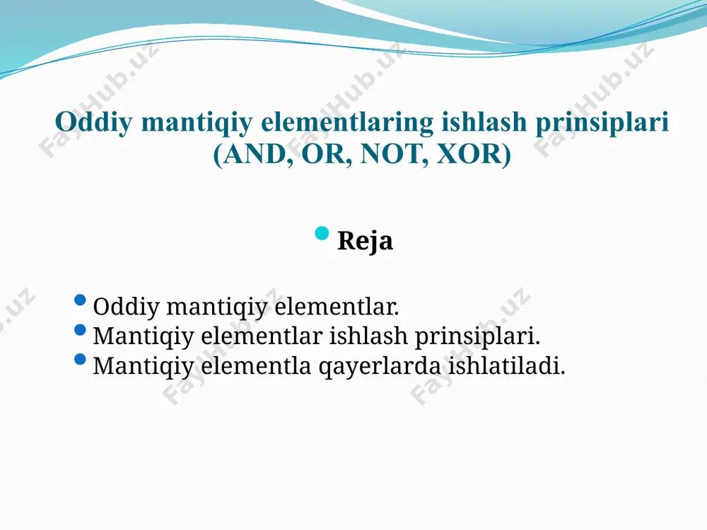 antiqiy xor elementisi natijasi 1 (bir) ga teng, agar a yoki b ning bitlaridan biri 1 (bir) ga teng bo'lsa, qolgan barcha holatlarda esa 0 (nol) ga teng. xor mantiqiy elementisining haqiqat jadvaliga qarang. a b a ^b 0 0 0 0 1 1 1 0 1 1 1 0 emas mantiqiy elementi emas belgisi: ~ emas mantiqiy elementi bir bit bilan bajarilmaydi. ushbu mantiqiy elementining natijasi bevosita bitning holatiga bog'liq. agar bit nol holatda bo'lsa, chiqish aksincha bo'ladi. emas mantiqiy operator uchun haqiqat jadvaliga qarang: a ~a 0 1 1 0 oddiy mantiqiy elementlar, asosan, kompyuter texnologiyalarida ma'lumotlarni qayta ishlash va hisoblash jarayonlarini amalga oshirish uchun ishlatiladigan asosiy qurilmalardir. ular mantiqiy elementilarni bajarish uchun ishlatiladi va asosan ikkita holatni (0 va 1) ifodalaydilar. mantiqiy elementlar elektron sxemalarda ishlatiladi va ular murakkab mantiqiy elementilarni bajarishga imkon beradi. ularning kombinatsiyasi orqali kompleks hisoblash jarayonlarini amalga oshirish mumkin. mantiqiy elementlarning bu turlari …