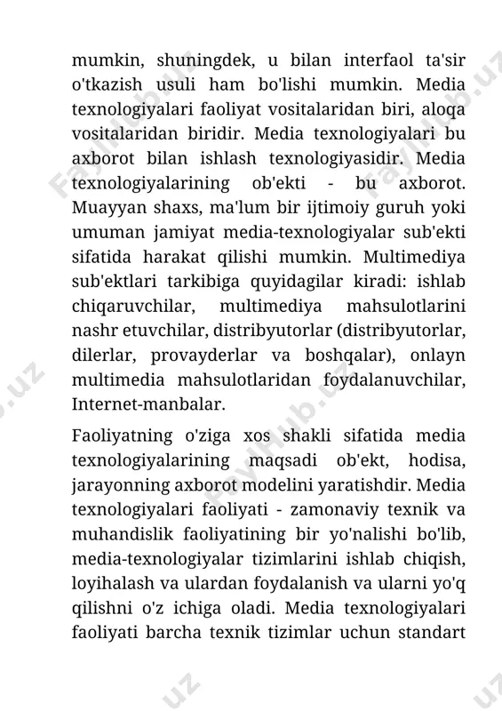 ib boriladigan aloqa faoliyati. oavning tahririyat maydonlarida (tahririyat efirida) bepul nashrlar. oav aktsiyasida majburiy xabar bo'lishi, axborot vositalarining formatiga javob berishi yoki hatto jurnalistlar ishtirokidagi spektaklga aylanishi kerak. ijtimoiy sohada media texnologiyalarni qo'llash: ommaviy axborot vositalarining inson hayotining turli sohalariga ta'siri ko'lami juda katta. mediya ta'limi sohasida "ommaviy axborot vositalari" atamasi axborotni yaratish, yozish, nusxalash, ko'paytirish, saqlash, tarqatish, qabul qilish va xabar muallifi va ommaviy auditoriya o'rtasida almashish uchun mo'ljallangan texnik vositalarni anglatadi. shu bilan birga, ommaviy axborot vositalariga inson atrofdagi dunyoni (uning ijtimoiy, axloqiy, psixologik, badiiy, intellektual jihatlari bo'yicha) o'zlashtirishning murakkab vositasi sifatida qaraladi. media tasnifiga turli xil yondashuvlar mavjud. an'anaga ko'ra, ommaviy axborot vositalari va aloqa axborotni uzatish usuliga (bosma, radio, kino, televidenie, video, kompyuter tarmoqlari va boshqalar) va idrok kanaliga ko'ra bo'linadi. davriy nashrlarda: fotosuratlar, rasmlar, multfilmlar; radioda: og'zaki nutq, tabiiy tovushlar (shovqin), musiqa; audiovizual ommaviy axborot vositalarida (televizion, hujjatli filmlar: rasm. elektron ommaviy axborot vositalari radio, …