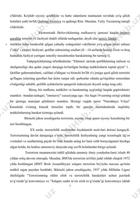 hkilotlarning harakat tizimiga aylandi. birinchi jahon urushigacha terrorizm, asosan, chap qanot siyosiy kurashning bir turi hisoblangan. xx asrda. terrorchilik usullaridan foydalanish motivlari doirasi kengaydi. terrorizmning davlat darajasiga o‘tishi, terrorchilik faoliyatining yangi texnologik ilg‘or vositalari va usullarining paydo bo‘lishi hamda uning ko‘lami ortib borayotganini hisobga olgan holda, bu hodisa zamonaviy dunyoda eng xavfli holatlardan biriga aylandi. terrorizm muammosini tahlil qilishda umumiy ilmiy yondashuvlarni izlash 40 yildan ortiq davom etmoqda. masalan, bmtda terrorizm ta'rifini jadal ishlab chiqish 1972 yilda boshlangan (bmt bosh assambleyasi xalqaro terrorizm bo'yicha maxsus qo'mita tashkil etgan paytdan boshlab). ikkinchi jahon urushigacha, 1937 yilda millatlar ligasi shafeligida “terrorizmning oldini olish va terrorchilik harakatlari uchun jazolash toʻgʻrisida”gi konventsiya va “xalqaro sudni taʼsis etish toʻgʻrisida”gi konventsiya ishlab chiqilgan. shu bilan birga, terrorizm nima ekanligi va qanday harakatlar yoki hodisalar terroristik harakatlar deb tasniflanishi kerakligi haqida hali ham aniq ta'rif yo'q. tadqiqotchi vitaliy anatolevich epshteyn ushbu toifaning ko'plab ta'riflarini tahlil qilib, terrorizm …