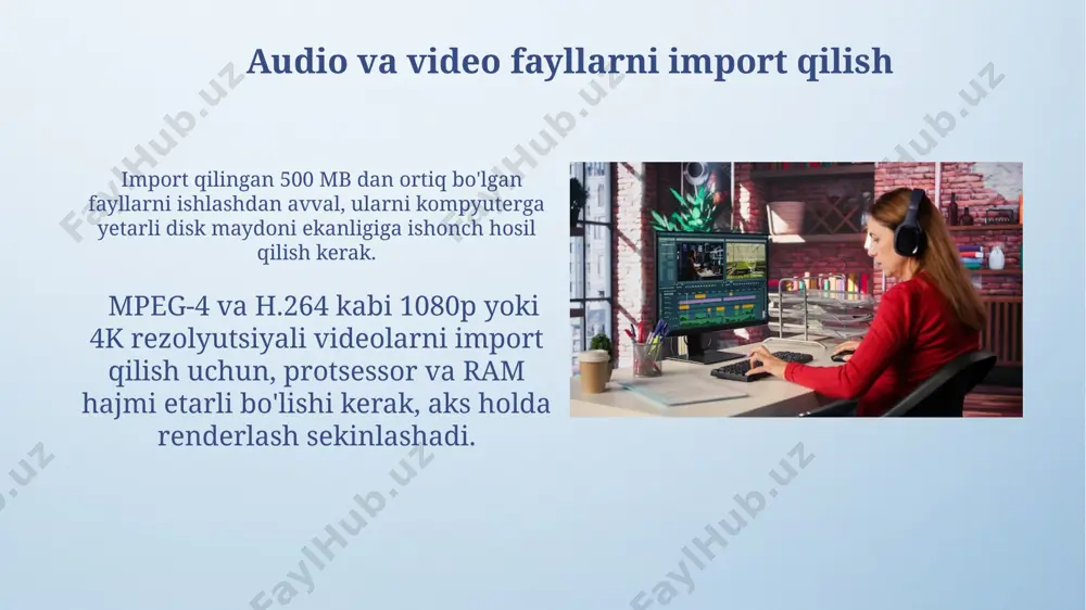 10 dan ortiq kodingiz bo‘lsa, xotira etishmasligi muammosini hal qilish uchun parallel hisoblash algoritmlarini qo‘llang. video eksport qilish vaqtida 500 mb dan ortiq hajmdagi fayllarni qayta ishlashda diskdagi bo‘sh joy etishmasligi muammosini oldini olish uchun fayllarni siqish algoritmlaridan foydalaning. video tahrirlash vositalari video tahrirlashda, masalan, final cut pro yoki filmora kabi dasturlar, rang tuzatish va ranglarni to'yinganligini sozlash uchun 16 million dan ortiq ranglar palitrasidan foydalaniladi, bu esa yanada aniq va jozibali vizual effektlar yaratadi. video tahrirlash dasturlari, masalan, adobe premiere pro yoki davinci resolve, 4k va undan yuqori rezolyutsiyali videolarni 60 fps gacha tezlikda samarali tahrirlash imkonini beradi, bu esa yuqori sifatli professional natijalarga erishishga yordam beradi. animatsiyada harakatni yaratish animatsiyada 24 fps (frames per second) kadr tezligi standart hisoblanadi, lekin silliq harakatni ta’minlash uchun 60 fps yoki undan yuqori tezliklar ham qo‘llaniladi. har bir kadrning aniqligi animatsiyaning umumiy sifatini belgilaydi. fizika simulyatsiyasi vositalari, masalan, og‘irlik, tezlik va to‘qnashuvlarni …