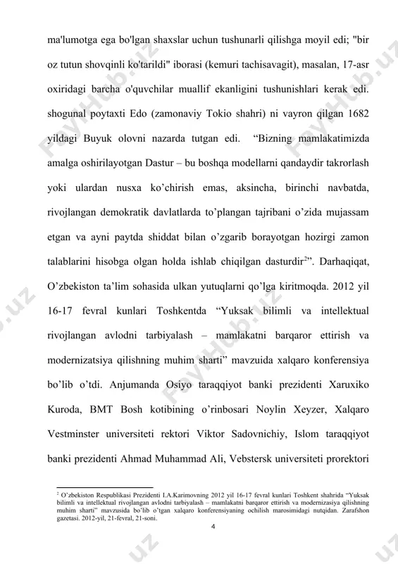 shidan ko’zlangan maqsadga to’xtalar ekan. biz bugun mamlakatimizda yangi davlat, yangi jamiyat barpo etmoqdamiz. lo’nda qilib aytganda, biz o’z oldimizga qo’ygan buyuk maqsadlar, ya’ni, dunyodagi rivojlangan demokratik davlatlar qatoriga kirish, xalqimizning hayot darajasi va farovonligini oshirish, o’z erkinligimizni, o’z mustaqilligimizni himoya qilishga qodir bo’lish, jahon miqyosida o’zimizga munosib o’rin egallash – bunday ulug’vor vazifalar bugungi kunda, hech shubhasiz, barchamizga yaxshi ayondir. albatta, bunday oliy maqsadlarga erishish barchamizdan og’ir va mashaqqatli mehnatni, katta sinovlardan o’tish, boshlagan yo’limizni davom ettirishni, fidoyilikni, bir yoqadan bosh chiqarib, birdamlik bilan harakat qilishni, kurashishni talab etadi. birinchi prezidentimiz i.a. karimov barkamol yoshlarni tarbiyalash va oliy ma`lumotli bo`lishi to`g`risida bir qancha qaror farmonlar qabul qilgandi. mamlakatimizda kadrlar tayyorlash milliy dasturini amalga oshirish doirasida yapon tillarga o’qitishning kompleks tizimi, ya’ni uyg’un kamol topgan, o’qimishli, zamonaviy fikrlovchi yosh avlodni shakllantirishga, respublikaning jahon hamjamiyatiga yanada integratsiyalashuviga yo’naltirilgan tizim yaratildi [5: o’zbekiston respublikasi kadrlar tayyorlash milliy dasturi. oliy ta’lim me’yoriy hujjatlar …