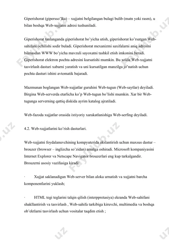 tish uchun uni url-adresini adres maydonida kiritib enter bosiladi. giperishorat – web-saxifani ob’ekti bulib , boshka web-sahifa haqida axborotni saqlaydi. yangi web-sahifa yangi gipertimsollarini o’z ichiga olishi mumkin. bu ushbu mavzuga tegishli xujjatlarni kurishni davom ettirish imkonini beradi. izlanayotgan axborotni mavzuli sohasi ma’lum bo’lsa, unda bir-ikki standart adreslardan boshlab ushbu mavzu bo’yicha istalgan axborotni topish mumkin. internetda maxsus sahifani ko’rsatgichlar borki unda faqat gipertimsollarini ko’p to’plamlari mavjud buladi. 4.3 web adresini yozilishi . har bir web xujjat tarmoqda o’zini alohida adresiga ega : internet atamalarida bu url(uniform resourse locator - unifikasiyalashgan resursni kursatkichi ) url adres deyiladi. bu kuyidagicha yoziladi: protokol :// udalennoe imya servera /put. protokol - berilgan resursga murojatni amalga oshiruvchi xizmatga mos keluvchi protokolning nomi. www xizmati uchun http (hyper text transfier protocol - giperishoratni uzatish protokoli ) protokoli ishlatiladi domennoya imya servera – ushbu resurs joylashgan serverni domenli nomi ; put – web xujjat bor faylga …
