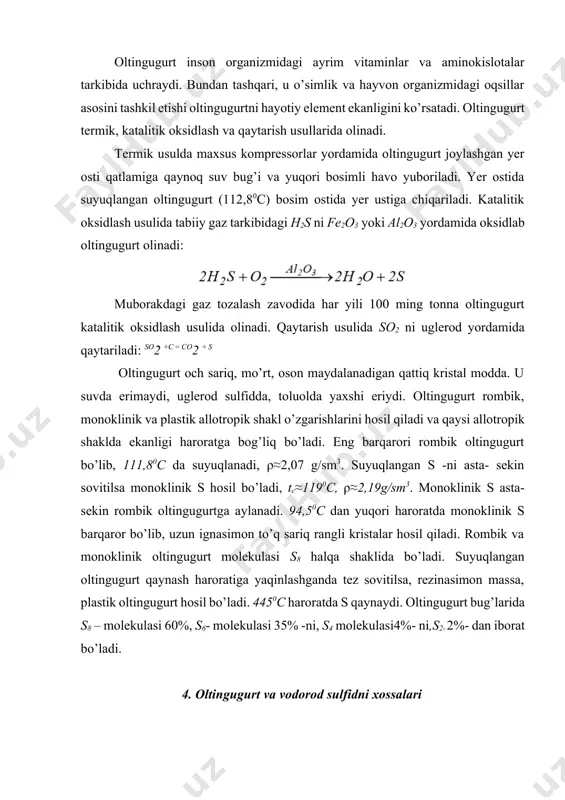 +8hcl 5h2s +2kmno4 +3h2so4 = 5s +2mnso4 + k2so4 +8h2o 2h2s + h2so3 = 3s +3h2o 2fecl3 + h2s = 2fecl2 + s +2hcl sulfid kislota asosli oksidlar, asoslar va ba'zi tuzlar bilan reaksiyaga kirishib sulfidlar va gidrosulfidlarni hosil qiladi: na2o+h2s = na2s +h2o naoh +h2s = nahs+h2o 2naoh +h2s = na2s +2h2o pb(no3 )2 +h2s =↓ pbs+2hno3 znso4 +h2s =↓zns+h2so4 zns, cus, cds, hgs – suvda kam eriydi, na2s, k2s, (nh4)2s, cas – lar suvda yaxshi eriydi. 5. oltingugurtning kislorodli birikmalari oltingugurt kislorod bilan bir necha hil oksidlar hosil qiladi, bular ichida so2 – oltingugurt (iv)-oksid va so3 – oltingugurt (vi)- oksid katta ahamiyatga egadir. oltingugurt 3600c da yonib, so2 ni hosil qiladi: s+o2 =so2. laboratoriya sharoitida sulfitlarga va ba'zi bir metallarga xlorid va sulfat kislotalar ta'sir ettirib olinadi: na2so3 + 2hcl = so2 ↑+2nacl + h2o cu + 2h2so4(конц.) = so2 ↑+cuso4 + 2h2o zn + 2h2so4 (конц.) …