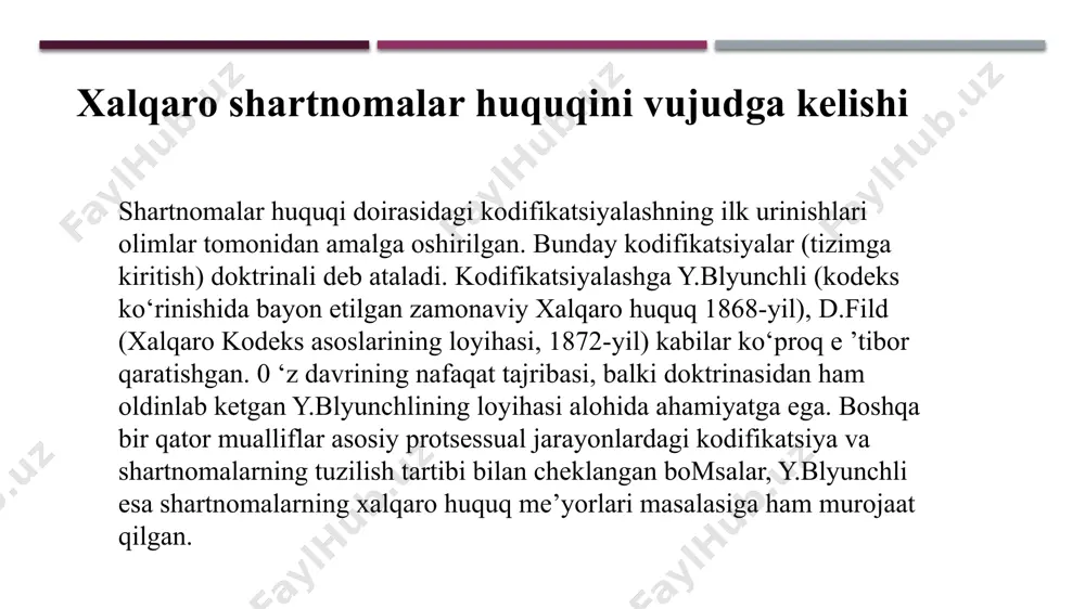 lar hisoblanadi. faqat davlatlar o 4zining suverenitetiga amal qilgan holda bu huquqqa, ya’ni xalqaro huquqqa majburiy yuridik xususiyat bera oladi. shuning uchun ham ular xalqaro huquqning asosiy subyekti hisoblanadi. xalqaro hamjamiyat ehtiyojini hisobga olgan holda, davlatlar xalqaro tashkilotlarga huquqiy subyektivlikni berishdi. shunga asoslangan holda davlatlar va tashkilotlar bilan birga boshqa turdagi subyektlar ham shartnomalarda ishtirok etishi mumkin. xalqaro shartnomalami tasniflanishi va tarkibi xalqaro shartnoma - tomonlarning kelishuvi natijasi va ularning siyosiy maqsadlari muvaffaqiyati uchun xizmat qiladi. tomonlar shartnomaviy-huquqiy munosabatlaming muhim elementi hisoblanadi. tomonlarning xarakteri (xususiyati) va tarkibi shartnoma tarkibi (tuzilishi)ni, uning yuridik va siyosiy ahamiyatini aniqlab beradi. bu holat azaldan mutaxassislar tomonidan belgilab kelingan. u yoki bu shartnomaning baholanishida asosiy e ’tibor qanday davlatlar ilk tashabbuskor sifatida chiqqanligiga, unda qaysilari ishtirok etayotganiga, qaysilari chetlatilganligi va qaysilari qarshi fikr bildirilganligiga qaratiladi xalqaro shartnomani tuzish shartnomani tuzish tushunchasini ikki xil tushunish mumkin. birinchisi keng ma’noda - shartnomani tayyorlanishi, qabul qilinishi va kuchga …
