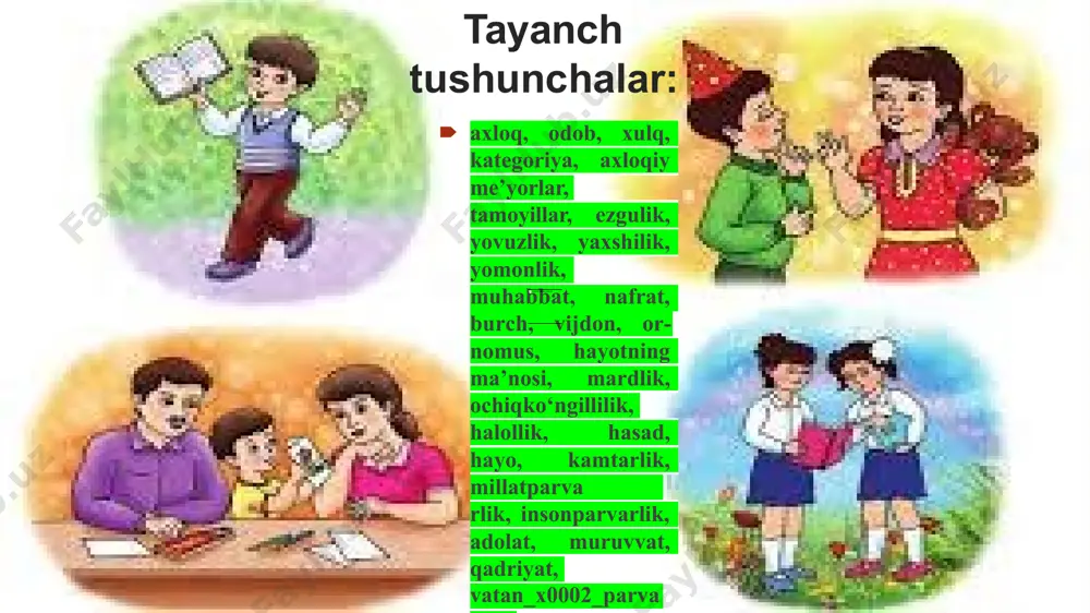 ga ega, insoniyat tarixi uchun namuna bo‘la oladigan ijobiy xatti- harakatlar yig‘indisi, insoniy kamolot darajasini belgilovchi ma’naviy hodisa. 🠶xulq — oila, jamoa, axloq — jamiyat, mahalla-ko‘y miqyosida zamon, ba’zan ahamiyatli bo‘lgan, ammo jamiyat va insoniyat hayotiga sezilarli ta’sir ko‘rsatmaydigan yoqimli insoniy xatti- harakatlarning majmuyi. biosfera- (bio... va yun. sphaira— shar) — yerning tirik organizmlar tarqalgan qobigʻi. biosferaning tarkibi va energetikasi undagi tirik organizmlarning faoliyati bilan bogʻliq. biosfera "hayot qobig'i", toʻgʻrisidagi dastlabki fikrni lamark bildirgan. "biosfera" terminini esa fanga avstraliyalik geolog e. zyuss (1875) kiritgan. biosfera toʻgʻrisidagi toʻliq maʼlumotni rus olimi v. i. vernadskiy (1926) ishlab chiqqan. u atmosferaning ozon ekranigacha balandlikda boʻlgan qismi (20– 25 km), litosferaning sirtqi qismi va gidrosferani toʻliq oʻz ichiga oladi. uning quyi chegarasi quruqlikda 2– 3 km, okean tubida 1–2 km chuqurlikkacha boradi. noosfera -(yunoncha: noos — aql-idrok va sphaira — shar) — biosferannng inson aql-idroki hukmronlik qiladigan yangi xolati. noosfera da inson biosfera rivojla-nishini …