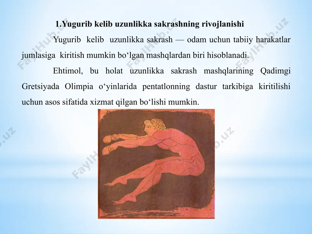 idan bir oyoqda bajariladi. bunda indikatorni bosib olmaslik lozim. sakrash natijalari tananing istalgan qismi (yoki qo‘l) bilan qoldirilgan izdagi yaqin nuqtaga qarab o'lchash chizig‘iga perpendikulyar bo‘lgan to‘g‘ri chiziq bo‘ylab o‘lchanadi. 3.uch hatlab sakrashning rivojlanishi uch hatlab sakrashning rivojlanishi uch hatlab sakrash - yengil atletikaning murakkab turi hisoblanadi. bu sport turi yugurish va uchta ketma-ketlikda bajriluvchi elementlardan- «sapchish», «qadam tashlash» va «sakrash»dan tashkil topadi. birinchi elementni («sapchish») bajarish vaqtida sportchining tayanch harakatlanish apparati yuklama zo‘riqishini his qiladi, bunda tana g‘irligidan 5-7 marta katta qiymatdagi, 1000kg ga yaqin yuklama qayd qilinadi. yugurish vaqtida sportchi tezlikni rivojlantiradi, bunda u 10.3 - 10,8 m/s qiymatdagi tezlik oladi. dinamik zarbani engib o‘l:ish bilan bog 1 liq holatda va itarilish vaqtida harakat yo‘nalishj o'zgarishiga bog‘liq sakrashning har bir elementida sportchi 0,6— 0,8 dan 0,9 - 1 ,5 m/s gacha tezlik qiymatini yo‘qotadi va uchinchi element («sakrash») bor - yo‘g‘i 8,0 - 8,5 m/s qiymatdagi tezlikda amalga …