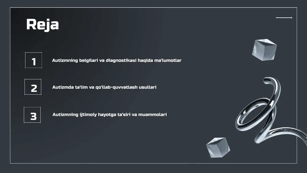 g ijtimoiy, emosional va akademik rivojlanishiga yordam beradi. o'ziga xos o'quv dasturlari va metodlari, autizmga ega bolalarning sog'lom rivojlanishida muhim rol o'ynaydi. ta'lim, shuningdek, ularning o'zaro aloqalarini mustahkamlash va o'ziga ishonch hosil qilishlariga yordam beradi. autizmda ta'limning ahamiyati, individual yondashuvni talab qiladi va har bir bolaning ehtiyojlariga mos ravishda tashkil etilishi lozim. qo'llab-quvvatlash usullari amaliy xulq-atvor tahlili amaliy xulq-atvor tahlili (aba) usuli, bolalarning ijtimoiy va xulq-atvor ko'nikmalarini rivojlantirishda keng qo'llaniladi. bu usul, ijobiy mustahkamlash orqali bolalarning to'g'ri xulq-atvorini rag'batlantirishga imkon beradi va natijada ularning o'z-o'zini boshqarish qobiliyatini oshiradi. ijtimoiy ko'nikmalarni o'rgatish ijtimoiy ko'nikmalarni o'rgatish usuli, bolalarga o'zaro muloqotda va ijtimoiy muhitda samarali bo'lishlariga yordam beradi. ushbu usul, turli rollar va vaziyatlar orqali bolalarga ijtimoiy ko'nikmalarni o'rgatadi, bu esa ularning do'stlik aloqalarini mustahkamlashga yordam beradi. nutq terapiyasi nutq terapiyasi, bolalarga kommunikatsion ko'nikmalarni rivojlantirishda yordam beradi. ushbu usul, nutq va til rivojlanishini qo'llab-quvvatlaydi va bolalarning o'z fikrlarini ifoda etish qobiliyatini oshiradi. masalan, …