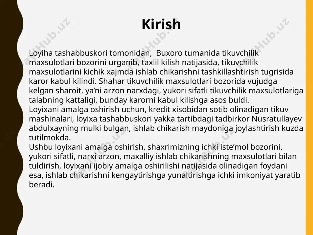 masini taxlil kilish, ichki bozordagi sharoitni, birinchi navbatda xom-asheni yetkazib berish,xuddi shunday korxonalar tomonidan buladigan rakobatni, ishlab chikarishdagi bulishi mumkin bulgan xatarlar va boshka faktorlarni e’tiborga olib kilingan taxlil natijasida loyixani amalga oshirishda, loyixa tashabbuskori tomonidan kursatilgan barcha tadbirlarning samaraliligi va xayetiyligi tugrisida xulosaga kelinadi. ushbu loyixani amalga oshirilishi, loyiha tashabbuskori fikrini xayetga tatbik etishga,xamda respublikamizda olib borilayetgan iqtisodiy islohatlarga o’z ulushini qo’shishga imkon yaratiladi. e’tiboringiz uchun raxmat. image1.png image2.jpeg image3.jpeg image4.jpeg image5.jpg image6.jpg image7.jpg image8.jpg /docprops/thumbnail.jpeg