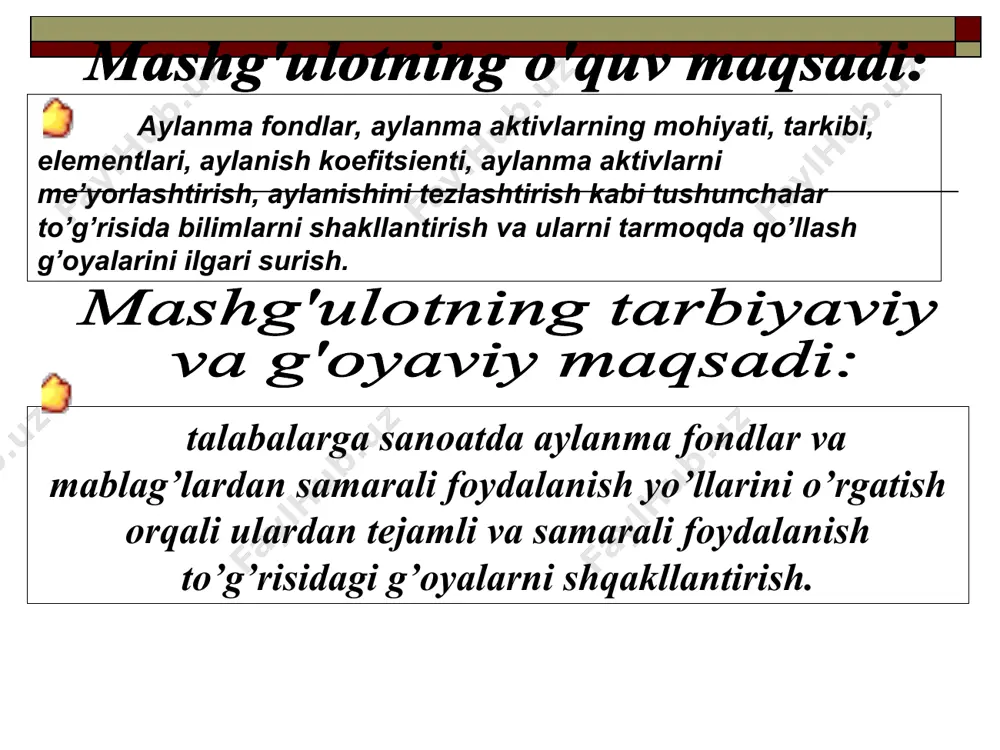 vazirlar mahkamasini 2012 yil 20 yanvarda bo`lib o`tgan majlisidagi “2012 yil vatanimiz taraqqiyotini yangi bosqichga ko`taradigan yil bo`ladi” nomli ma`ruza * 1 reja. aylanma mablag’lar tushunchasi va uning iqtisodiy mohiyati * aylanma mablag’lar ishlab chiqarishning aylanma fondlari va muomala fondlarini tashkil qilishga mo`ljallangan pul mablag’laridan iborat bo`lib ular korxonaning hisob raqamida naqd pul ko`rinishida jamg’ariladi. * aylanma kapital korxona ishlab chiqarish kapitalining bir qismi bo`lib, uning qiymati ishlab chiqarishning har bir siklida ishlab chiqarilgan mahsulotga o`tkaziladi hamda ushbu tovarni sotgandan so`ng korxonaga qaytariladi. * aylanma ishlab chiqarish fondlari korxona ishlab chiqarish fondlarining bir qismi bo`lib, bitta ishlab chiqarish sikli davomida sarflanadi hamda natural shaklini o`zgartirib, o`z qiymatini to`lig’ichа tayyor mahsulot tannarxiga o`tkazadi. * xom-ashyo va materiallar zaxirasi tugallanmagan ishlab chiqarish va kelajakdagi xarajatlar ehtiyot qismlar qadoqlash va o’rash materiallari yoqilg’i va energetika resurslari yarim tayyor mahsulotlar aylanma ishlab chiqarish fondlarining tarkibi * muomala fondlari korxonaning tayyor mahsulot zahirasini yaratish uchun …