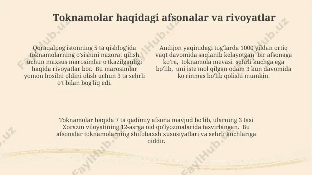 kerak, masalan, samarqand viloyatining qumloq tuproqlarida drenaj tizimini yaxshilash tavsiya etiladi. zararkunandalarga qarshi kurashda biologik usullar, masalan, foydali hasharotlarni jalb qilish, bir gektar maydonda 500-700 dona foydali hasharotlarni qo‘llash orqali amalga oshiriladi va bu andijon viloyatida keng qo‘llaniladi. toknamolar ekishdan oldin, 2-3 kg/m² miqdorida chirigan go‘ng yoki kompost qo‘shish hosildorlikni sezilarli darajada oshiradi, navoiy viloyati sharoitida esa mineral o‘g‘itlar qo‘llash samaraliroq bo‘ladi. toknamolarning tarqalishi va geografik joylashuvi ushbu turkumning 15 ga yaqin endemik turi mavjud boʻlib, ularning aksariyati oʻzbekistonning qashqadaryo va surxondaryo viloyatlarining qurgʻoqchil togʻ yon bagʻirlarida uchraydi. toknamolarning tarqalish arealiga, taxminan, 500 ming kv.km maydonni egallagan markaziy osiyo mintaqasi, shu jumladan, afgʻonistonning bir qismi kiradi. toknamolar, asosan, oʻrta osiyo hududida, jumladan, qozogʻistonning janubi-sharqiy, turkmanistonning janubi va oʻzbekistonning 3000 metr balandlikdagi togʻli hududlarida tarqalgan. toknamolar (vitales) qabilasi haqida umumiy ma'lumot toknamolar (vitales) qabilasining 5 dan ortiq turi oʻzbekistonning janubiy hududlarida, xususan surxondaryo va qashqadaryo viloyatlarida tarqalgan boʻlib, ularning 20 foizi …