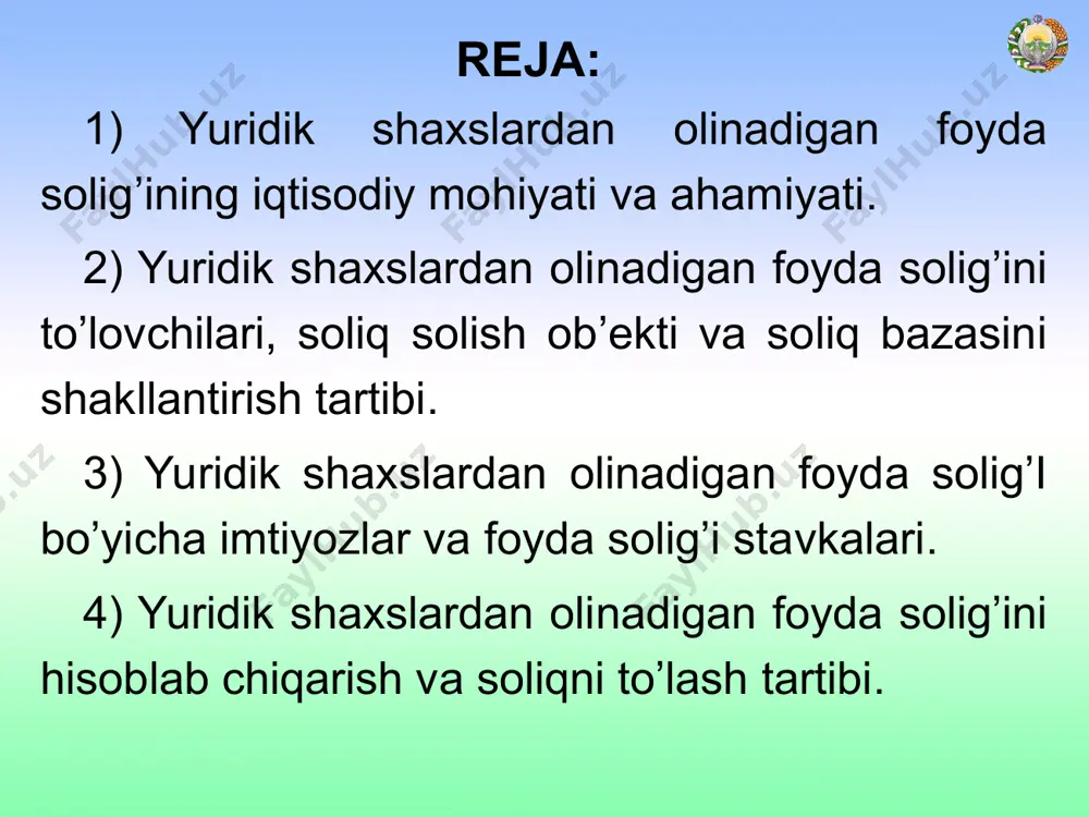 a undirilgan. 1995 yildan mazkur soliq to’lovchilari quyidagilardan birini to’lashi belgilandi, ya’ni: a) foyda solig’i; b) daromad solig’i (tijorat banklari, sug’urta kompaniyalari, ko’ngil ochar o’yinlar, birjalar va boshqalar). yuridik shaxslardan undiriladigan foyda solig’ining o’zbekiston respublikasi davlat byudjeti soliqli daromadlari tarkibidagi ahamiyati ko’rsatkichlar 2011 yil 2012 yil 2013 yil (prognoz) mlrd.so’m foiz mlrd.so’m foiz mlrd.so’m foiz jami soliqli daromadlar 16178,6 100,0 20614,1 100,0 25104,9 100,0 to’g’ri soliqlar 4238,7 26,2 5196,4 25,2 6583,1 26,2 yuridik shaxslardan olinadigan foyda solig’i 825,0 5,1 917,2 4,4 1239,0 4,9 5 foyda solig’ining asosiy stavkalarini o’zgarishi: 1995 yil – 38 % 1998 yil – 35 % 1999 yil – 33 % 2000 yil – 31 % 2001 yil – 26 % 2002 yil – 24 % 2003 yil – 20 % 2004 yil – 18 % 2005 yil – 16 % 2006 yil – 12 % 2007 yil – 10 % 2008 yildan – 9 % soliq …