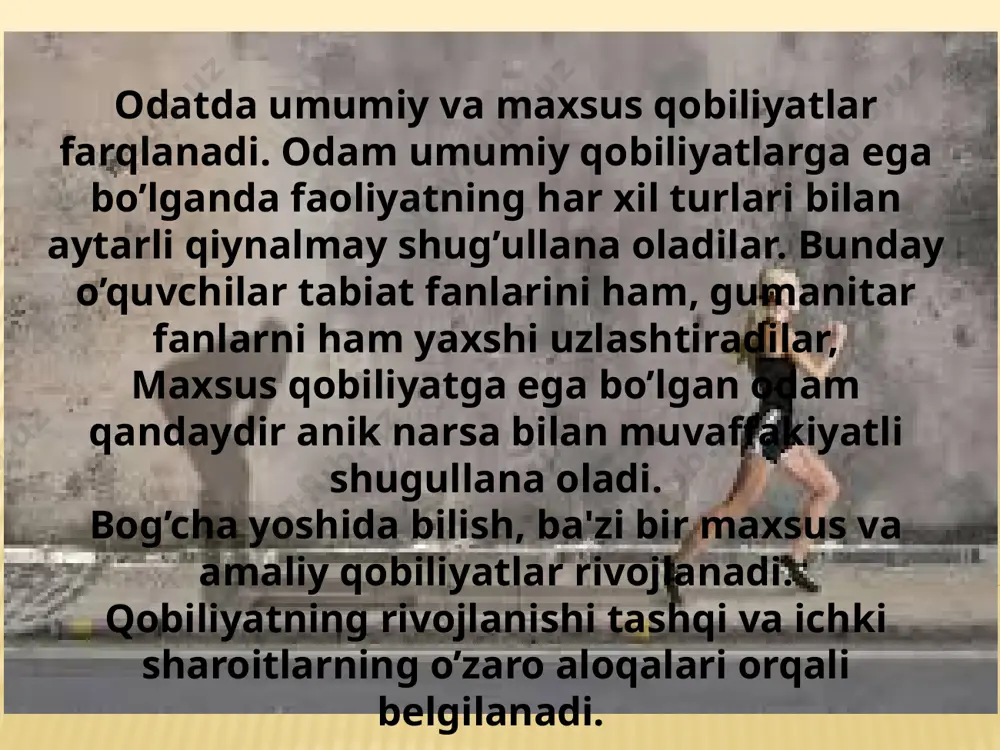 ining paydo bo’lishi muloqotchanlik va guruhdagi faoliyatning rivojlanishi bilan uzviy bog`liq. konstruktiv amaliy qobiliyatlar bog’cha yosh davrida yaxshi rivojlanadi. ko’pincha bolalar tomonidan ushbu tipdagi konstuktorlash jarayonida yaratilgan qurilmalar o`zlarining faoliyatlarida foydalanish uchun qo`l kеladi (qurilgan korabl sayoxatga jo`naydi, uychalariga nafaqat qo`g`irchoq sig`adi, balki o`zlari ham joylashadilar. maxsus qobiliyatlarning rivojlanishi. maxsus qobiliyatlar - bu shaxsning individual psixologik xususiyatlari bo’lib, faoliyatning maxsus turlarida muvaffaqiyatni ta'minlaydi. bolalarda musikiy qobiliyatlar shakllana juda erta boshlaydi. ular avvlambor, o`z tarkibiga chapakni sеzishni olgan yuqori musiqaviylikda (musiqaga emotsional javob qaytarish qobiliyati shuningdеk musiqani nozik did bilan farqlash (musiqaviylikning eshituvchanlik komponеnti) qobiliyatida namoyon bo’ladi. odamning irodaviy faoliyati ob'еktiv jixatdan bog’langandir, lеkin bunday iroda psixologik jixatdan amalga oshirilishiga odam javobgar bo`lmagan qandaydir majburiy tashki zaruriyat dеgan ma'no kеlib chikmaydi. bunday tasavvur qilish xatodir. irodaviy faoliyatning haraktеrli xususiyati shundan iboratki, irodaviy harakatlarni odam ,oila, vaqt va shaxs sifatida amalga oshiradi. xudi manna shuning bilan bog`liq ravishda irodaviy harakat odamning to`la …