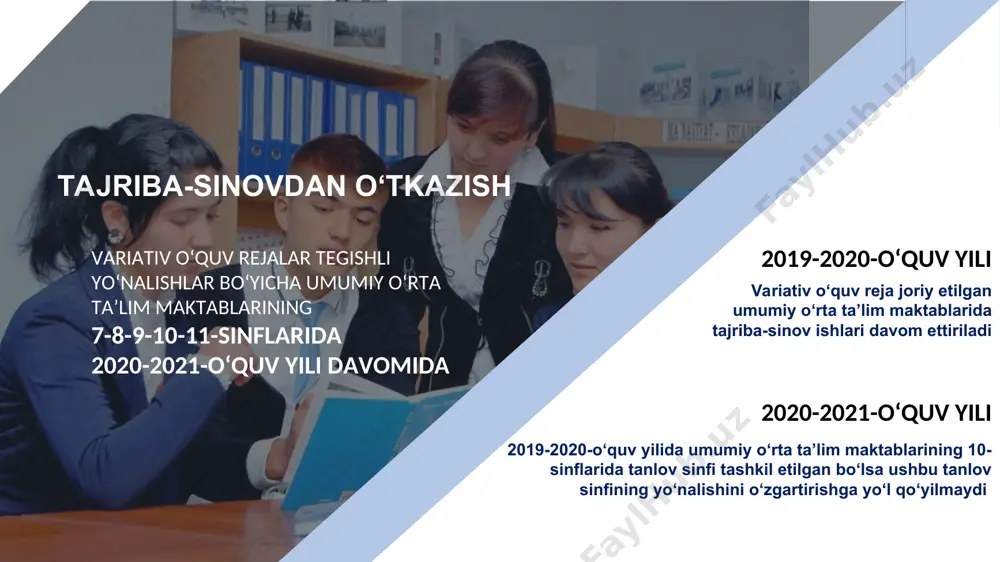 lishdagi fan o‘qituvchilari kiritilmaydi mumkin emas: so‘rovnoma natijalari so‘rovnoma o‘tkazish va natijasini umumlashtirish uchun maktabda tanlov komissiyasi tuziladi so‘rovnoma o‘tkazish va natijasini umumlashtirish jarayoniga, maktabning kuzatuv kengashi a’zolari kuzatuvchi sifatida ishtirok etishi mumkin o‘quvchilar soni tanlov sinfida o‘qishni xohlagan o‘quvchilar soni 35 nafardan oshib ketsa sinov bo‘ladi sinov natijalari asosida tanlov sinfiga qabul qilinadi. sinovdan o‘tolmagan o‘quvchi an’anaviy sinfda o‘qiydi tanlov sinfida o‘qishni xohlagan o‘quvchilar soni 35 nafardan ortiq bo‘lmasa, sinovsiz qabul qilinadi tanlov sinfida o‘qishni xohlagan o‘quvchilar soni 25 nafardan kam bo‘lsa, tanlov sinfi tashkil etilmaydi tanlov sinfiga qabul ota-onalar tomonidan farzandlarini tanlov sinfiga qabul qilinishi to‘g‘risida direktor nomiga ariza yoziladi tajriba-sinov davrida o‘quvchilarga o‘quv yili davomida tanlov sinfidan an’anaviy sinfga yoki an’anaviy sinfdan tanlov sinfiga o‘tishiga ruxsat beriladi esda tuting eng ko‘p tanlagan yo‘nalish bo‘yicha sinflar soniga mutanosib ravishda yangidan sinflarga ajratiladi. bunda sinflar soni mavjud tegishli sinflar sonidan oshib ketishiga yo‘l qo‘yilmaydi ma’lumot maktab pedagogik kengashida muhokama …