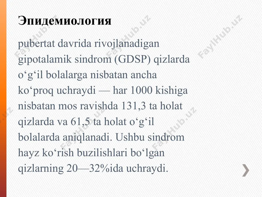 pdagi) qandli diabetga moyillik yoki glyukoza muvozanatining buzilishi dislipidemiya (qonda xolesterin va triglitseridlar ko‘payishi) og‘irlik ortishi yoki ba'zida ozib ketish 3. 🔄 endokrin buzilishlar: hayz ko‘rishning buzilishi (oligomenoreya, amenoreya) gormonal disbalans (fsh, lh, prolaktin o‘zgarishi) girsutizm (ayollarda erkaklardek ortiqcha tuklanish) jinsiy yetilishning kechikishi yoki erta boshlanishi 4. 🌸 reproduktiv tizimdagi buzilishlar: tuxumdonlar faoliyatining susayishi bepushtlik (ayollarda) libidoning kamayishi 5. 💭 psixo-emotsional buzilishlar: emotsional beqarorlik depressiv holatlar tez charchash, holsizlik 💊 gipotalamik sindromning davolash usullari 1. hayot tarzi va parhez tana vaznini normallashtirish (dietoterapiya, jismoniy faollik) stresslarni kamaytirish, psixologik yordam uyqu va dam olish rejimini tartibga solish 2. farmakologik davolash gormonal terapiya: ovulyatsiyani stimulyatsiya qilish faqat tana vazni normallashgandan keyin gormonal disbalansni tuzatish uchun preparatlar (gonadotropinlar, estrogenlar, progesteronlar) metabolik buzilishlarni tuzatish: insulinrezistentlikka qarshi dori vositalari (metformin va boshqalar) dislipidemiya uchun preparatlar 3. psixoterapiya stressni kamaytirish va ruhiy barqarorlikni oshirish uchun psixolog yoki psixiatr nazorati 4. klinik monitoring hayz siklining kuzatuvi gormonal …