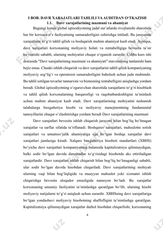 italizatsiya qilinmaydigan xarajatlar darhol hisobdan chiqarilishi, korxonaning haqiqiy moliyaviy holatini aks ettirishga yordam beradi. davr xarajatlari odatda uchta asosiy toifaga bo‘linadi: sotish xarajatlari, ma’muriy xarajatlar va boshqa operatsion xarajatlar. sotish xarajatlari mahsulot yoki xizmatlarni sotish va tarqatish bilan bog‘liq bo‘lgan xarajatlardir. bularga reklama, marketing, sotuvchilarning ish haqi va komissiyalari, transport va yetkazib berish xarajatlari kiradi. ma’muriy xarajatlar korxonani boshqarish va umumiy faoliyatini ta’minlash bilan bog‘liq xarajatlardir. bularga ma’muriy xodimlar ish haqi, ofis ijara, kommunal to‘lovlar, yuridik va buxgalteriya xizmatlari uchun to‘lovlar kiradi. boshqa operatsion xarajatlar korxonaning asosiy faoliyatiga bevosita aloqador bo‘lmagan, lekin operatsion faoliyat davomida yuzaga keladigan boshqa xarajatlardir. bularga tadqiqot va ishlanmalar xarajatlari , zarar ko‘rishlar va boshqa shu kabi xarajatlar kirishi mumkin. davr xarajatlarining bunday tasnifi korxonaning xarajatlar tuzilishini tushunish va ularni nazorat qilish imkonini beradi. har bir toifa bo‘yicha xarajatlarni alohida tahlil qilish, resurslardan foydalanish samaradorligini oshirishga yordam beradi. xbhs moliyaviy hisobotda xarajatlarni funktsional yoki tabiiy usulda …