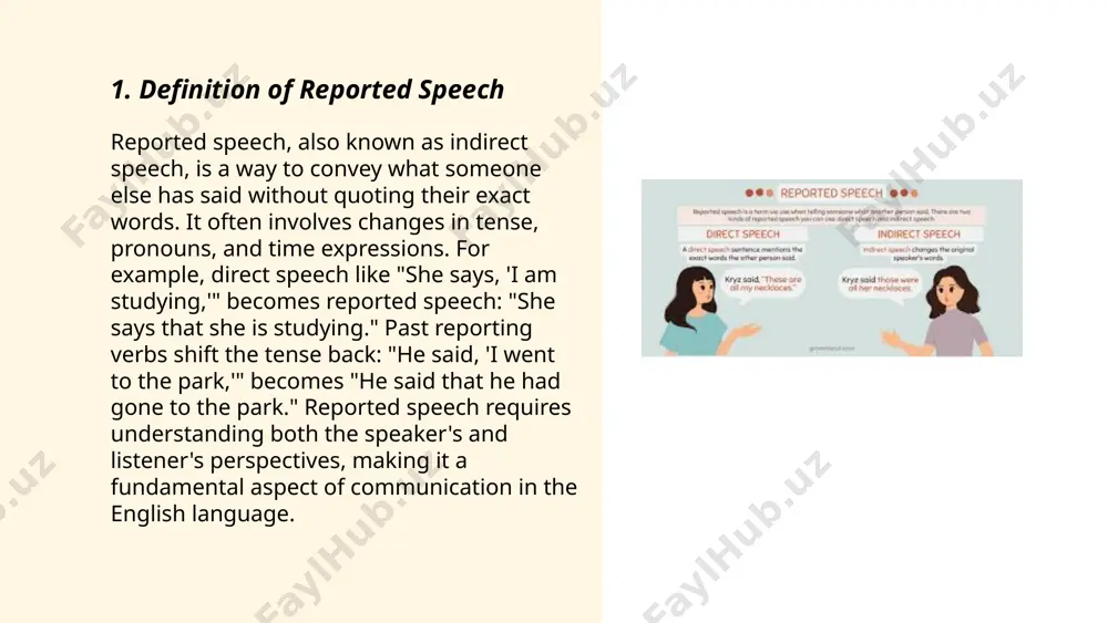 aders effectively through the discourse. ... t.me/slaydai_bot in english, time expressions in reported speech are often adjusted to reflect the change from direct to indirect speech. "today" changes to "that day," "tomorrow" becomes "the next day" or "the following day," and "yesterday" is reported as "the previous day" or "the day before." "now" is transformed into "then," while "last week" turns into "the previous week" or "the week before." similarly, "next month" becomes "the following month." these adjustments are essential to maintain the correct temporal context when shifting from direct to reported speech, ensuring clarity and accuracy in time referencing. ... t.me/slaydai_bot 7. modals in reported speech in reported speech, modal verbs change to reflect past tense. "will" becomes "would," while "can" turns into "could." for example, "she said, 'i will go'" changes to "she said she would go." similarly, "may" becomes "might." however, some modals remain unchanged, such as …