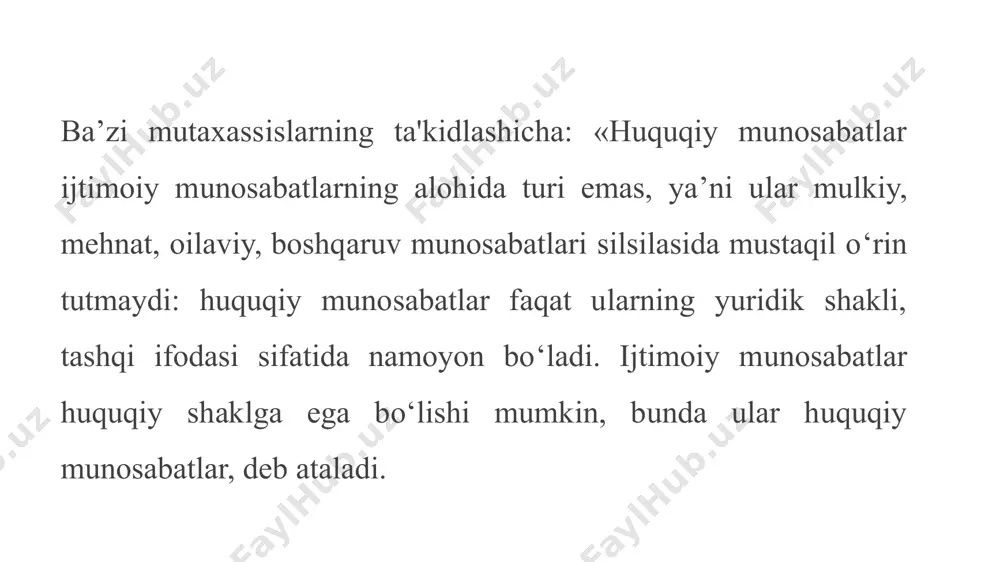 uriy ishlar yoki huquqni muhofaza etuvchi idoralar amri bilan qo’zg’atiladigan jinoyat ishlari bo’lishi mumkin. huquq sohalariga ko’ra, ya'ni huquq normalarining muayyan huquq sohasiga tegishliligiga qarab huquqiy munosabatlar quyidagi turlarga bo’linadi: davlat-huquqiy (konstitutsiyaviy) munosabatlar; fuqaroviy-huquqiy munosabatlar; jinoiy-huquqiy munosabatlar; mehnat-huquqiy munosabatlari; moliyaviy-huquqiy munosabatlar va hokazo. huquqiy munosabat ishtirokchilarining huquq va majburiyatlari tengligi yoki hokimlik-bo'ysunish (ierarxik) tarzidaligiga qarab bu munosabatlar farqlanadi. tomonlar huquq va majburiyatlarining tengligiga asoslangan huquqiy munosabatlar, masalan, fuqaroviy-huquqiy, oilaviy-huquqiy munosabatlar ko'rinishida bo'lishi mumkin. hokimlik va bo'ysunish (ya'ni, avtoritar) mazmunidagi huquqiy munosabatlar, jumladan, jinoiy-huquqiy, ma'muriy-huquqiy munosabatlar shaklida bo'ladi. bunda bir taraf ustuvor huquqqa, hokimiyat vakolatlariga ega. ikkinchi taraf esa bo'ysunish holatida bo'lib, asosan majburiyat o'taydi. huquqiy munosabatlar o’z ichki tuzilishiga ko’ra quyidagi tarkibiy qismlar (elementlar) dan iborat a) huquqiy munosabatlarning subektlari (ishtirokchilari); b) huquqiy munosabatlarning obekti; v) huquqiy munosabatning mazmunini tashkil etuvchi subektiv huquq va yuridik majburiyatlar. huquqiy munosabatlar subektlari huquqiy normalar tufayli muayyan munosabatlar ishtirokchisi hamda subektiv huquq va yuridik …