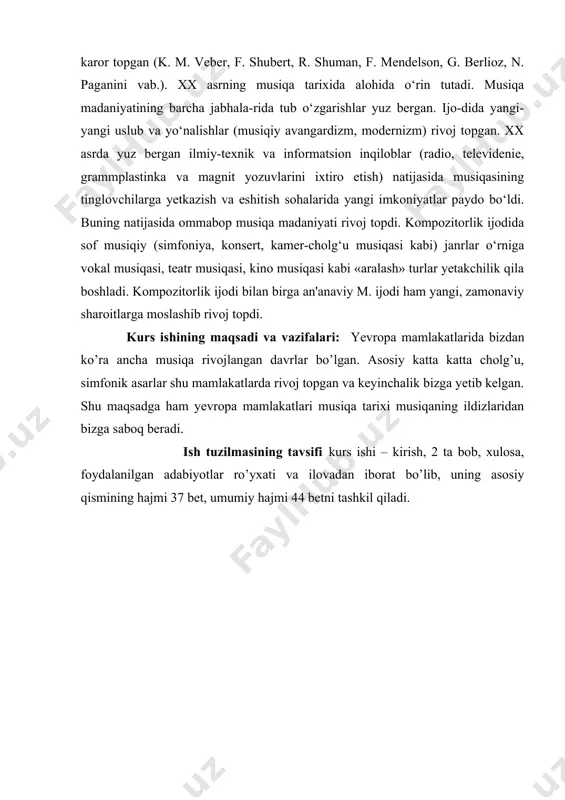 qiladi. i-bob. yevropa mamlakatlaridagi musiqa san’ati tarixi. 1.1 germaniya musiqasi. germaniya (deutschland), germaniya federativ respublikasi (bundesrepublik deutschland), gfr — markaziy yevropadagi davlat. shim. va boltiq dengizlari sohilida joylash-gan. mayd. 357 ming km2. aholisi 82,16 mln. kishi (1999). poytaxti — berlin sh. ma'muriy jihatdan 16 yer (vilo-yat) ga, yerlar okruglarga, okruglar tu-manlarga, tumanlar jamoalarga bo‘li-nadi. davlat tuzumi. gfr —federativ respublika. musiqasi. o‘rta asrlarda ritsarlar san'ati paydo bo‘ddi, minnezingerlar maktabi shakllandi (volfram fon eshenbax va b.); 14-a.da meysterzinger-lar san'ati, 16-a.dan cholg‘u (ayniqsa organ) musiqasi (k. pauman singari kompozitorlar ijodida) rivojlandi. islohot davrida xalq qo‘shiqlari za-minida protestant xori paydo bo‘ddi. g. shyuts nemis musiqasida oratoriya va kantata janrlarini ishlab chiqdi, birinchi nemis operasi «dafna» (1627)ni yezdi. 1723 y.dan i. s. bax fao-liyati boshlangap leypsig yirik musiqa markaziga aylandi. 18-a. 2-yarmida musiqali sahna janri zingshpil paydo bo‘ldi (i. xiller va b.). asosan chet ellarda ishlagan g. gendel, x. glyuk kabi kompozitorlar angliya, fransiya va …
