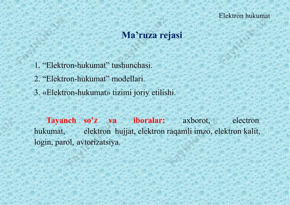 orotga ishlov berish, uni uzatish va tarqatishni hamda hokimiyatning barcha darajalarida davlat organlarining elektron hukumat fuqarolarga xizmatlar ko‘rsatishini elektron vositalar asosida tashkil etish. g) davlat hokimiyati organlari va jamiyat o‘rtasida axborotlashtirishdagi munosabatlarni axborot-kommunikatsiya texnologiyalari asosida tashkil etish. quyidagi asosiy xizmat va vazifalarni o‘z ichiga olgan avtomatlashtirilgan davlat xizmati: fuqarolarni kerakli davlat axborotidan erkin foydalanishini ta’minlash; soliqlar yig‘ish, patentlar va transport vositalarini ro‘yxatdan o‘tkazish: davlat apparati uchun zarur material va jihozlarni xarid qilishni rasmiylashtirish hamda bitimlar tuzishdan iborat. "elektron-hukumat" elektron hukumat tizimi, mutaxassislarning fikricha, davlat boshqaruviga axborot- kommunikatsiya texnologiyalarining kirib kelishi iqtisodiyotning rivojlanishini tezlashtirish imkonini beradi, ma’muriy-buyruqbozlik asosida kelib chiqadigan sarf-harajatlarni kamaytiradi, davlat tashkilotlarining ish unumi va samarasini oshiradi, aholining turli axborotlarga bo‘lgan ehtiyojini qondirish hisobiga fuqarolik jamiyatini shakllantirish bo‘yicha imkokiyatlarni kengaytiradi davlatxizmatlari faoliyatidagi shaffoflikni ta’minlaydi, byurokratik to‘siqlarni kamaytiradi. shunday qilib, "elektron-hukumat” tizimi quyidagi asosiy maqsadlarni o‘z ichiga oladi: aholi va tijoratga davlat xizmatlari ko‘rsatishni maqbullashtirish; davlat boshqaruvida aholining ishtirok etishdarajasini …