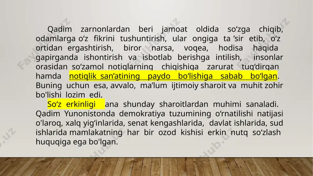 idektik notiqlar maydonga keladi. bu san’atni ilk bor adabiy janr darajasiga ko‘targan hamda notiqlikka ilmiy yondoshgan kishilar sofistlar hisoblangan. ular o‘zlaridan oldin o‘tgan notiqlaming faoliyatlarini nazariy asoslashga kirishib, “ritorika” ilmini yaratadi. oldin notiqlami “ritor” so‘zi bilan atashib so‘ngra notiqlik san’atidan saboq o'rgatuvchilarni “ ritor” lar deb ataydilar. notiqlar tomonidan yaratilgan nurtq matnlari nasriy va poetik ijod namunasi sanalgan. bunday ijodkor notiqlaming nomi o‘z mamlakati doirasidan chiqib, jahonga ma’lum va mashhur bo‘lgan. aristotel, demosfen va sitseronlar shular jumlasidandir. 7 suqrot arastu aflotun aristotel (eramizdan awalgi 384—322-yillar) markaziy osiyoda arastu nomi bilan mashhur bo'lgan aristotel eramizdan awalgi 384-yilda stag‘irda (makedoniya yarirri oroli) shifokor oilasida dunyoga keldi. uning otasi nikomax podsho aminti ii saroyida shifokorlik qilgan. aristotel 17 yoshida afinaga keladi va bu yerda o ‘z zamonasining mashhur olimlarilan bo‘lgan platonga shogird tushadi. platonning vafotidan so'ng aristotel 347-yili afinadan troad tomon o‘tib, assosga boradi. chunki bu yerda ustozning tarafdorlari ko‘p edi. unga, ayniqsa, …