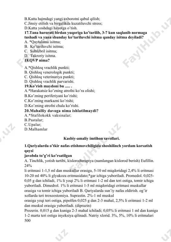 eritmasi muskullar orasiga va tomir ichiga yuboriladi b. qariyalarda sun’iy nafas oldirish. og’ir xollarda teri troxeostomiya. suprastin. 2%-1 ml muskul orasiga yoqi teri ostiga, pipolfen 0,025 g dan 2-3 mahal, 2,5% li eritmasi 1-2 ml dan muskul orasiga yuboriladi. (diprazin) prozerin. 0,015 g dan kuniga 2-3 mahal ichiladi; 0,05% li eritmasi 1 ml dan kuniga 1-2 marta teri ostiga inyeksiya qilinadi. natriy xlorid. 3%, 5%, 10% li eritmalari 500 mg tomir ichiga tomchi usulda yuboriladi. (ichish uchun xam ishlatiladi). c. tripsin. 0,005-0,01 (5-10 mg), ximotripsin 0,005-0,01 (5-10 mg), muskul orasiga yuboriladi, ximopsin 0,025-0,05-0,1 g (25 mg-50 mg-100 mg) 25-30 mg 5 ml natriy xlorid eritmasiga eritib ingalyasiya qilinadi. kaliy yodid. 0,3-1 g dan kuniga 3-4 mahal ichiladi (sut yoqi kisel bilan ichgan maqul) laziks. 0,25 gtomir ichiga 15 ml fizielogik eritma qushib asta-sekin yuboriladi. d. *javoblarning hammasi to’g’ri. 2.burundan suv kelishi. hamshira tashxisi asosida parvarishlash rejasini tuzing. 3.ayolda homildorlik belgilari,ovqat …