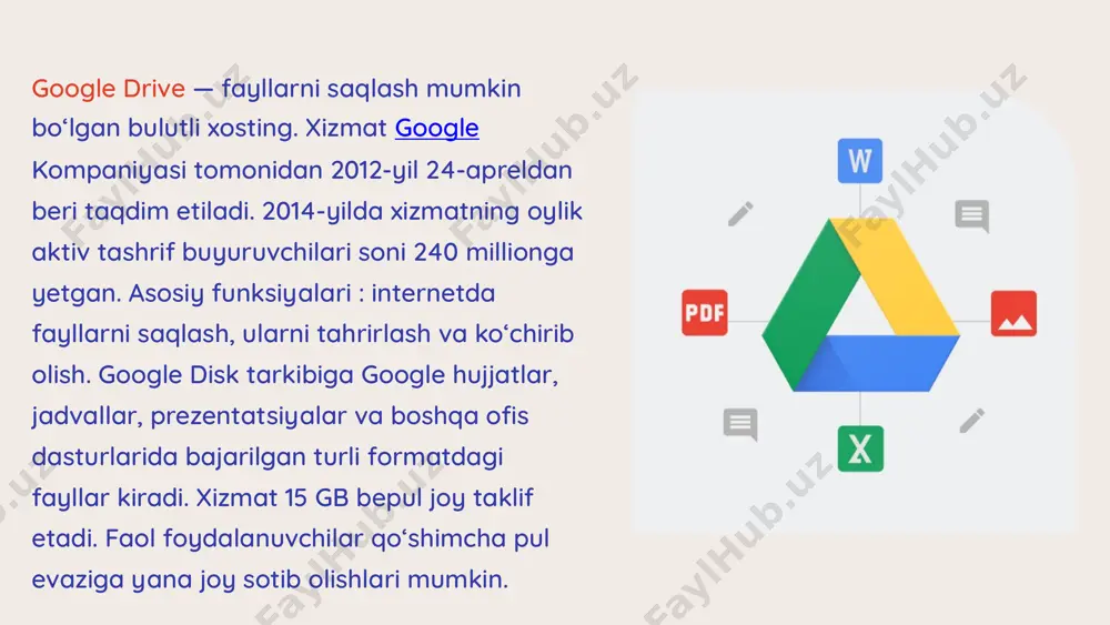 e veb-ilovasi yoki google drive jildi orqali mavjud. agar foydalanuvchi fayl yoki jild yaratsa, ular odatda uning egasiga aylanadi. egasi ko'rinish darajasini nazorat qilishi mumkin - umumiy yoki alohida google hisoblari bilan bo'lingan -- va gmail manzillari yordamida egalik huquqini boshqa foydalanuvchiga o'tkazishi mumkin. egasi, shuningdek, muharrir, tomoshabin va sharhlovchi kabi kirish darajalaridan foydalangan holda, ikkala papka va fayllar uchun ruxsatlarni tartibga solishi mumkin. google docs, google slides va google sheets nima? google docs, google slides va google sheets google drive-ning ofis to'plamini tashkil qiladi: docs - matn protsessor, slides - taqdimot dasturi va sheets - elektron jadval dasturi. tegishli ravishda ularni microsoft word, microsoft powerpoint va microsoft excel bilan solishtirish mumkin. garchi google versiyalarida ushbu microsoft office ilovalaridagi ba'zi imkoniyatlar mavjud bo'lmasa-da, ular sodda, hamkorlikda va bepul. to'plamdagi har bir ilova foydalanuvchilarga google drive-da saqlashi mumkin bo'lgan hujjatlar, taqdimotlar va elektron jadvallarni yaratish va tahrirlash imkonini beradi. foydalanuvchilar google …