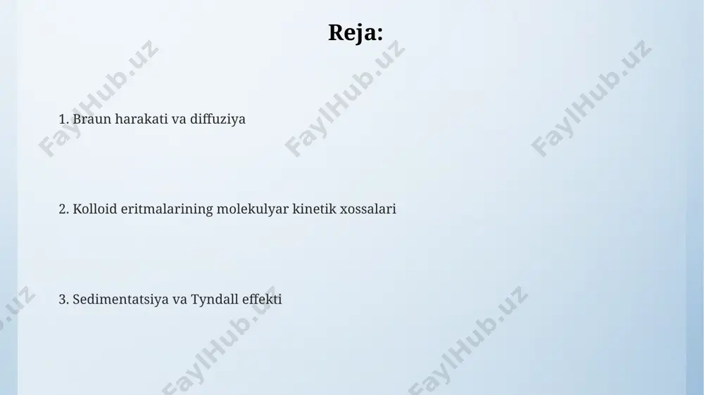 alar uchun. kolloid eritmalarining elastik moduli, masalan, polimerlarning 10-1000 pa oralig'ida bo'lgan eritmalari, ularning strukturaviy xususiyatlarini va berlin texnologiya universitetidagi tadqiqotlar shuni ko'rsatadiki, konsentratsiyasiga bog'liq. elektroforez va kolloidlarning elektr xossalari elektroforetik harakatchanlikni o'rganish, masalan, 25 °c haroratda, kolloid eritmalarning stabilligini va turli elektrolitlar ta'siri ostida agregatsiyalanish jarayonlarini taxmin qilishga imkon beradi, bu esa samarqanddagi tadqiqotlarda tasdiqlangan. elektroforez usuli yordamida 10-100 nm o'lchamdagi kolloid zarrachalarining harakatchanligini aniqlash mumkin, bu jarayon millivolt darajasidagi kuchlanish ta'sirida amalga oshiriladi va natijalar o'zbekiston fanlar akademiyasining ma'lumotlar bazasida mavjud. kolloid zarrachalarining elektrokinetik potentsiali, ζ-potensial deb ataladi va odatda −20 dan +30 mv gacha bo'ladi, bu ularning gidratatsiya darajasi va ion kuchiga bog'liq, masalan, dnestr daryosining suvlarida o'rganilgan loy kolloidlari. tyndall effekti va kolloidlarning optik xossalari kolloid eritmalarning tyndall effekti 400-700 nm to'lqin uzunligidagi nur bilan yoritishda kuzatiladi va bu hodisa 1869 yilda jon tyndall tomonidan dublin shahrida kashf etilgan. tyndall effekti natijasida kolloid zarrachalar nur nurini …