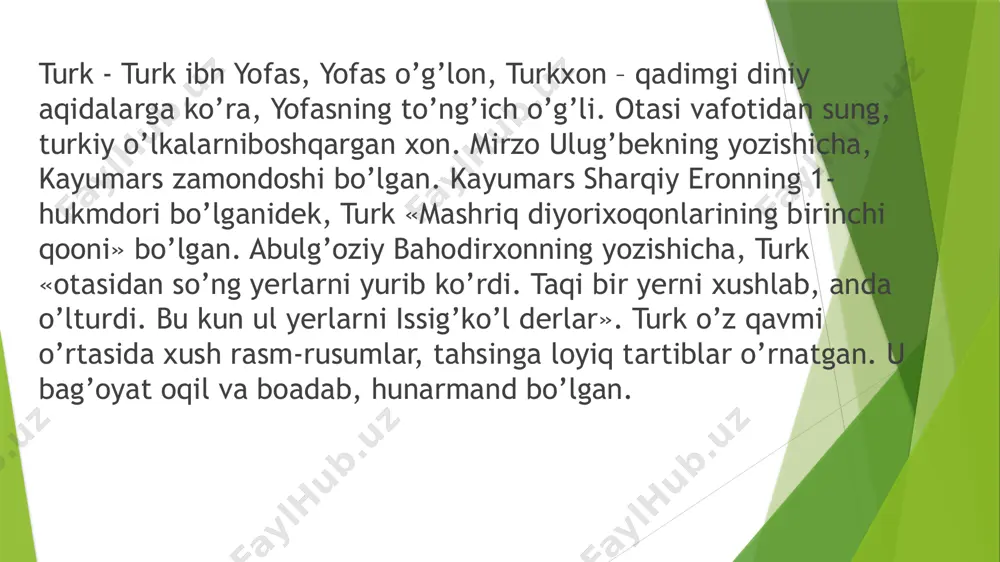 kiy ashina qabilasi esa bu paytda oltoy toglarining janubiy yon bag’irlarida istiqomat qilar va jujanlar davlatiga tobe edi. jujanlar qo’l ostidagiashina turklari kuchayib 545 yilda tele qabilalarini, 551 yilda esa jujanlarniyengadilar. shu tariqa og’a-ini bumin va istami 552 yil turk xoqonligiga asos soladilar. bumin o’zini xoqon deb e’lon qiladi. 555 yilga kelib, markaziy osiyoning shimoliy-sharqidagi qabilalar, uzok, sharqdagi kidan (qoraxitoy), tatabi, shivey kabi manchjur va mo’g’ul qabilalari, yenisey bo’yidagi turkiy qabilalar ham turk xoqonligi qo’shinlari tomonidan tobe etilib, 555 yildayoq sharqiy turkistonning katta qismi turk xoqonligi ko’l ostiga o’tadi. turk xoqoni mug’on (553-572) xitoyga 556-557 yillarda yurishlar qilib, bu yerdagi g’arbiy vey (toba) sulolasi o’rnini egallagan si (550–577) va chjou (577–581) sulolalarini o’z ta’sir doirasiga oladi. turk xoqonligi 565 yilda eftaliylarga naxshab shahri (hozirgi qarshi shahri yaqinidagi yerqo’rg’on xarobasi) atrofidaog’ir zarba beradi. turk xoqonligi eftaliylarga qarashli choch, farg’ona, ustrushona, samarkand, xorazm, buxoro, kesh va nasafni qo’lga kiritgan bir paytda xoqonlikning …