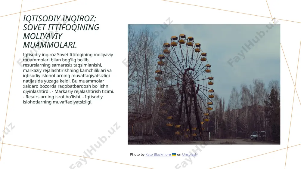 ressiyani kuchaytiradi, xalq noroziligini oshiradi. iqtisodiy rejalashtirish: sovet tizimining zaifligi. iqtisodiy rejalashtirish sovet tizimining zaifligini ko'rsatadi. rejali iqtisodiyotning samaradorligi past bo'lib, resurslar noto'g'ri taqsimlangan. shuningdek, raqobat yo'qligi innovatsiyalarni chekladi. natijada, iqtisodiy inqiroz va ijtimoiy norozilik kuchaydi. photo by pavel neznanov on unsplash bozor islohotlari va siyosiy muvozanat: o'zaro aloqalar. 1 bozor islohotlari bozor islohotlari, sovet ittifoqining iqtisodiy tizimini o'zgartirishga qaratilgan harakatlar bo'lib, xususiy mulk va raqobatni rivojlantirishni nazarda tutadi. 2 siyosiy muvozanat bozor islohotlari siyosiy muvozanatni o'zgartirdi, chunki iqtisodiy erkinliklar siyosiy kuchlar o'rtasida yangi qarama-qarshiliklarni tug'dirdi. 3 o'zaro ta'sir iqtisodiy islohotlar siyosiy kuchlar va ijtimoiy qatlamlar o'rtasida o'zaro ta'sirni kuchaytirdi, bu esa inqiroz jarayonini tezlashtirdi va murakkablashtirdi. iqtisodiy inqiroz va siyosiy qarorlar: tarixiy misollar. 1 iqtisodiy inqirozlar 1980-yillarda sovet ittifoqi iqtisodiy inqirozga yuz tutdi, bu esa resurslar yetishmasligi va ishlab chiqarishning past darajasi bilan bog'liq edi. 2 siyosiy qarorlar murod gorbachevning "perestroika" siyosiy va iqtisodiy islohotlari inqirozni yumshatishga harakat qildi, …