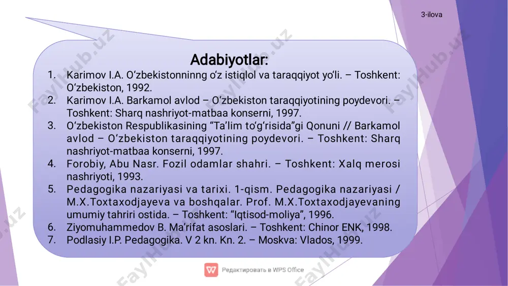 tish obiliyatlarini tarbiyalash jarayoni bо‘lib, shaxsning voqelikka estetik munosabatini shakllantirish maqsadini ilgari suradi ekologik tarbiya (lot. “oikos” – uy, makon, “logos” – fan, ta’limot) shaxsda atrof-muhitga ijobiy munosabatni, mas’uliyat hissini tarbiyalash, tabiatni muhofaza qilish, inson hayoti, salomatligiga xavf soluvchi salbiy tabiiy va ijtimoiy hodisalarning oldini olish, bartaraf etish borasidagi bilim, kо‘nikma hamda malakalarni shakllantirish jarayoni iqtisodiy tarbiya shaxsga iqtisodiy bilimlarni berish, amaliy kо‘nikma va malakalarni hosil qilish asosida uni huquqiy tarbiya nazariy va amaliy huquqiy bilimlar bilan qurollantirish orqali shaxsni ijtimoiy-huquqiy 7-ilova tarbiya о‘z-о‘zini tarbiyalash о‘z-о‘zini qayta tarbiyalash maqsad, shakl, metodlar, faoliyatni tashkil etish, uni boshqarish ijtimoiy buyurtma pedagogik shart- sharoitlar shaxsni shakllantirish jarayoni tarbiya jarayonining umumiy mohiyati tarbiya nazariyasi pedagogika fanining muhim tarkibiy qismi bо‘lib, tarbiyaviy jarayon mazmuni, tamoyillari, qonuniyatlari, uni tashkil etish masalalari, metodikasi, shakllari, metodlari, vositalari, usullari va muammolarini о‘rganadi tarbiya shaxsni maqsadga muvofiq takomillashtirish uchun uyushtirilgan pedagogik jarayon bо‘lib, tarbiyalanuvchining shaxsiga muntazam va tizimli ta’sir etish …