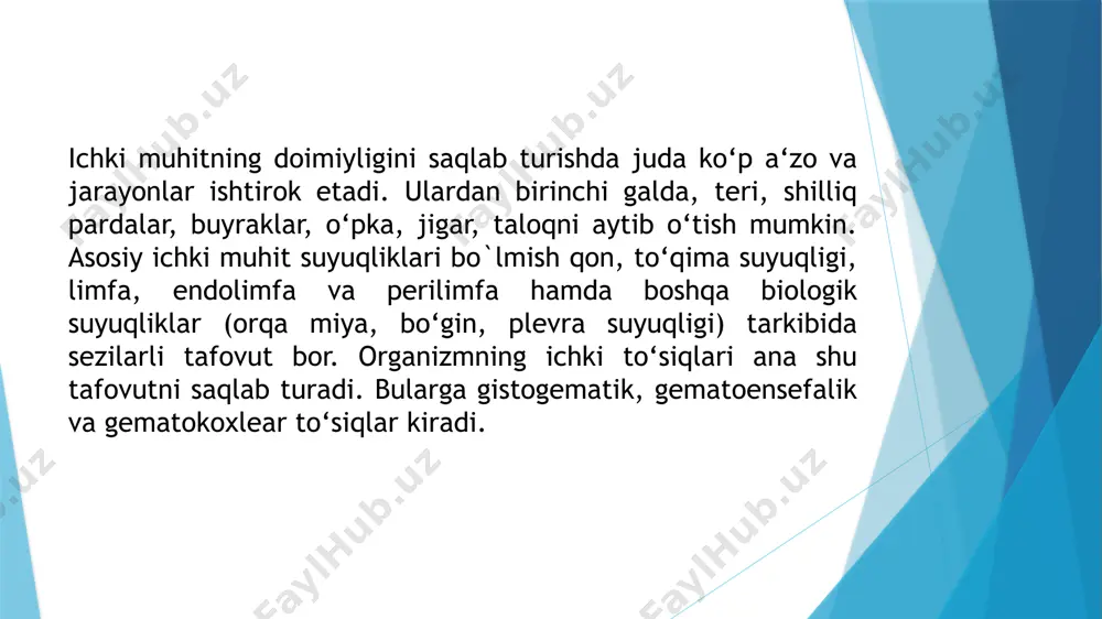 g osmotik bosimi ana shu tuzlarga bog‘liq. osmotik bosim deganda suvni tuzlar miqdori kamroq bo`lgan eritmadan yarim o‘tkazgich membrana orqali tuzlar miqdori ko‘proq bo`lgan eritmaga o‘tishini ta‘minlovchi kuch nazarda tutiladi. suvning qon va to‘qima suyuqligidan hujayralarga o‘tishi va ulardan tashqariga chiqishi osmotik bosimga bog‘liq. osmotik bosimning doimiyligi hujayra faoliyatining mo‘tadil bo`lishini ta‘minlovchi zarur shart hisoblanadi. odam qonining osmotik bosimi 7,8 atmosferani (simob ustunining 5600 mm yoki 754 kpa) tashkil qiladi va kam o‘zgaradi. osmotik bosimi qonning osmotik bosimiga teng bo`lgan eritmalar izotonik eritmalar, deyiladi. osmotik bosimi qonnikidan yuqori bo`lgan eritmalar gipertonik eritma, deyiladi. gipertonik eritmada hujayralar ichidagi suv chiqib ketishi natijasida bujmayib qoladi. gipotonik (osmotik bosimi qonnikidan past bo`lgan) eritmalarda hujayralar shishib ketadi. bunga suvning eritmadan hujayra ichiga o‘tishi sabab bo`ladi. onkotik bosim qon plazmasida talaygina miqdorda oqsil va boshqa kolloid holdagi moddalar bor. ular ham osmotik bosim hosil qiladi. qonning kolloidlarga bog‘liq osmotik bosimi onkotik bosim, deyiladi onkotik bosim …