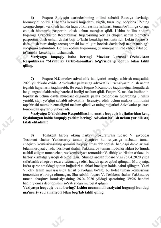 minoti loyiha (quvvati 10 kvtdan ortiq)siga xulosa olish uchun 2020 yil 10 oktyabr kuni ariza (boshqa talab etilgan hujjatlar bilan birga) bilan «oʻzdavenergonazorat» inspeksiyasining hududiy boʻlimiga murojaat qildi. ariza qabul qilingandan 12 kun oʻtishiga qaramasdan «oʻzdavenergonazorat» inspeksiyasining hududiy boʻlimi xulosa bermadi. “tinchlik” pudratchi firmasi direktori mazkur holat boʻyicha 2020 yil 14 noyabr kuni «oʻzdavenergonazorat» inspeksiyasining hududiy boʻlimi mas'ul shaxsini loyihani tasdiqlatmagan holda qurishni montaj ishlarini amalga oshirishni boshlashligi toʻgʻrisida ogohlantirdi va montaj ishlarini boshlab yubordi. savdo komleksi bir oydan soʻng toʻliq bitkazildi. “bek” firmasi rahbari elektr oʻlchagich oʻrnatish va iste'molchi sifatida roʻyxatga olish boʻyicha tegishli organga murojaat qildi. lekin, vakolatli organ savdo komleksini montaj ishlari oʻzdavenergonazorat» inspektsiyasining hududiy boʻlimi tomonidan tasdiqlanmagan loyiha asosida amalga oshirilganligini asos qilib, murojaatni rad etdi. mazkur holatga huquqiy baho bering? ushbu muammoli vaziyatni hal etishda ma'muriy tartib-taomillarning qaysi prinsiplaridan foydalanish mumkin? mazkur kazusda ma'muriy huquq subyektlarini aniqlang? 6) fuqaro s. yaqin qarindoshining oʻlimi sababli rossiya …