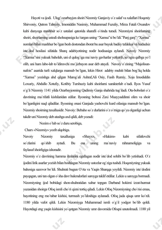 sak bahosiga sazovor bo`ldi. shuhrati bugun o`rta va yaqin sharqqa yoyildi. nizomiy iste`dodini payqagan, uni tan olgan o`sha davr hukmdorlari saroyga taklif etdilar. lekin u saroyga bormadi. nizomiyning ijod bobidagi shon-shuhratidan xabar topgan darband hokimi izzat-hurmat yuzasidan shoirga ofoq ismli cho`ri qizni tortiq qiladi. lekin ofoq nizomiyning cho`risi emas, hayotining eng mo`tabar kishisi, turmush yo`ldoshiga aylanadi. ofoq juda qisqa umr ko`rdi. 1180 yilda vafot qildi. lekin nizomiyga muhammad ismli o`g`il yodgor bo`lib qoldi. hayotdagi eng yaqin kishisini yo`qotgan nizomiy umr davomida ofoqni unutolmadi. 1188 yil «hisrav va shirin» dostonida shirin obrazi orqali ofoq siymosini jonlantirishga ahd qildi. shirin obrazi nizomiyning ofoq uchun qo`ygan haykali edi. keksalik yillarida yaratgan «iskandarnoma»sida ham ofoqqa bo`lgan muhabbatini dard bilan yozadi. yolg`iz yodgori bo`lgan muhammadni har jihatdan yetuk va donishmand bir kishi bo`lishini istaydi. nizomiy uyida shoir va she`riyat muxlislari to`planar edilar. bu yerda bo`ladigan adabiyot haqidagi suhbatlar muhammadni adabiyot olamiga yetakladi. muhammad 14 yoshidan …