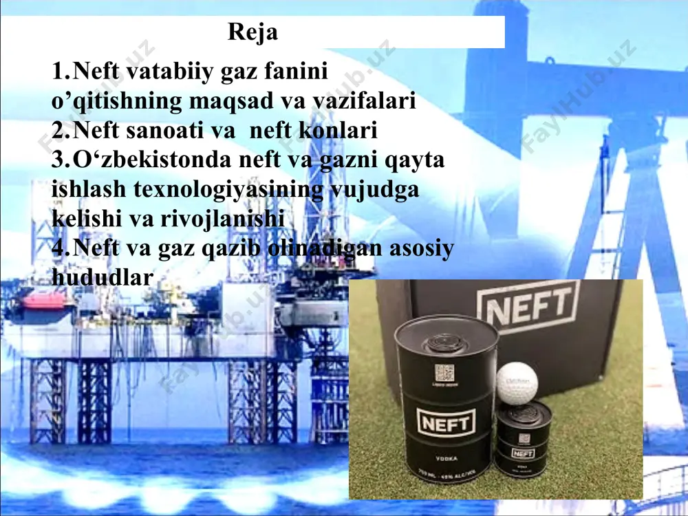 ali palanlar mavjudligi, -mahsuldor gorizontlar, uyumlar turi, uglevodorodlarning fazaviy xolati, zaxiralari, ularning maydon boʻylab zichligi va boshqa neft konlari bir necha strukturali qavatlarni birlashtirishi mumkin. konda neftning fazaviy miqdoriga qarab quydagi turlarga boʻlinadi. neft gaz-kondensat-neft gaz-neft neft-gaz, oʻzaro yaqin joylashgan bir necha yirik neft-gaz konlari havzalarni tashkil qiladi oʻzbekiston respublikasi hududida neft va gazliligi aniqdangan 5 regionda 1. buxoro—xiva 2. ustyurt 3.surxondaryo 4.hisor jan.-gʻarbi 5.fargʻona neft va gazni qidirish boʻyicha regional ishlar olib borilmoqda. natijada 450 dan ortiq suyuq va gazsimon uglevodorod yigʻilmalari aniqlangan boʻlib, ular 155 konda mujassamlashgan. 2000 йил буйича нефть захиралари регион, давлат аникланган захира 2000 йила нефт казиб олиш млрд.т % млн. т % 1 2 3 4 5 осие ва океания, жумладан: 6,02 4,3 368,1 11,0 хитой 3,29 2,3 162,7 4,9 индонезия 0,68 0,5 64,9 1,9 хиндистон 0,65 0,5 32,0 1,0 шимолий ва лотин америкаси; жумладан 20,53 14,6 859,8 25,6 венесуэла 10,53 7,5 151,8 4,5 …
