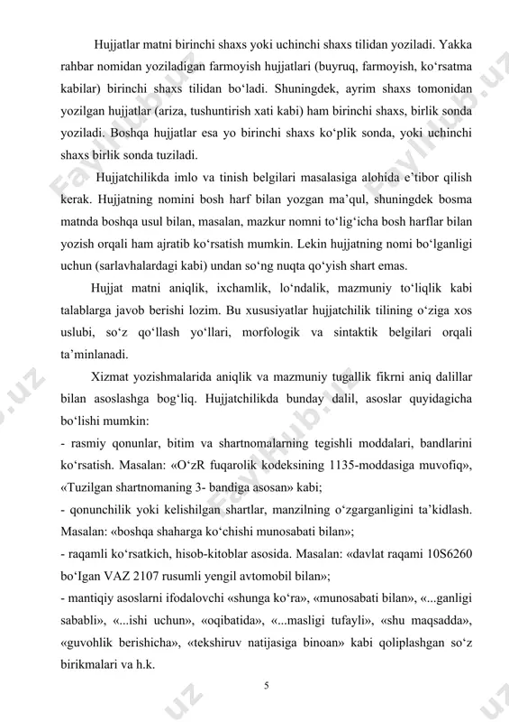 arda sanalar arab raqami bilan yoziladi. bunda ruscha shaklda – 15.11.04; 02.08.04 tarzda emas, balki quyidagi o‘zbekcha gap tuzilishidan kelib chiqqan shaklda berish kerak: 1991.04.09; 2004.04.09. bunda dastlabki to‘rt raqam yilni, keyingilari kun va oyni bildiradi. topshiriqlar: 1-topshiriq. quyida berilgan qoliplashgan so‘z birikmalari asosida rasmiy uslubga xos gaplar tuzing: «shunga ko‘ra», «munosabati bilan», «...ganligi sababli», «...ishi uchun», «oqibatida», «...masligi tufayli», «shu maqsadda», «guvohlik berishicha», «tekshiruv natijasiga binoan». 2-topshiriq. ish qog‘ozlarining qanday yozilishini yod oling. 2-mavzu. h u j j a t v a u n i n g t u r l a r i o‘rta osiyo hududidan topilgan qadimgi madaniy obidalar, turli moddiy jismlarga bitilgan ma’lumotnomalar ajdodlarimizning qadimdan o‘ziga xos hujjatchilik an’analariga rioya qilganliklaridan dalolat beradi. o‘rta asrlarda ish yuritish huquqiy maqomga ega bo‘ldi, davlat mahkamasida munshaot tizimi shakllandi va qator hujjat turlari paydo bo‘ldi. o‘zbek tilining rasmiy idoraviy til sifatida qo‘llanishi qoraxoniylar hukmronligi davrida boshlandi. xx asrdan so‘ng …