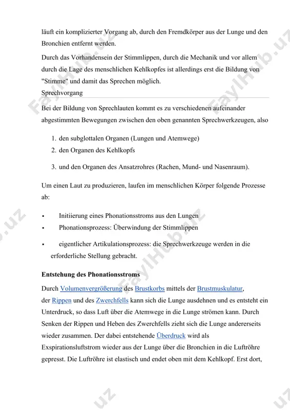 lknorpel bzw. die kippbewegung zwischen ring- und schildknorpel reguliert werden. schema der verschiedenen stellungen der stellknorpel und stimmlippen; a: glottisverschluss, b: phonationsstellung, c: flüsterstellung, d: hauchstellung; e: atmungsstellung oder ruhestellung; f:tiefatmungstellung sobald in den stimmlippen ein primärklang erzeugt wurde, strömt dieser in das (aus rachen-, nasen- und mundhöhle bestehende) ansatzrohr. das ansatzrohr ist vergleichbar mit einem musikalischen instrument, bei dem die einmal erzeugte schwingung in einen ton modifiziert wird. das menschliche ansatzrohr ist also schwingungsfähig und wirkt damit als so genannter resonanzraum. die im kehlkopf erzeugten geräusche und klänge werden im ansatzrohr zu sprechlauten moduliert. grundsätzlich muss man bei den sprechlauten zwischen klanglauten und geräuschelauten unterscheiden. bei der isolierten artikulation eines „scharfen“ s wie in maus beispielsweise, handelt es sich um ein geräusch. es entsteht, wenn sich die stimmritze in atemstellung (siehe abbildung) befindet und zwischen dem saum der zunge und dem alveolenrand eine enge gebildet wird. um einen laut …