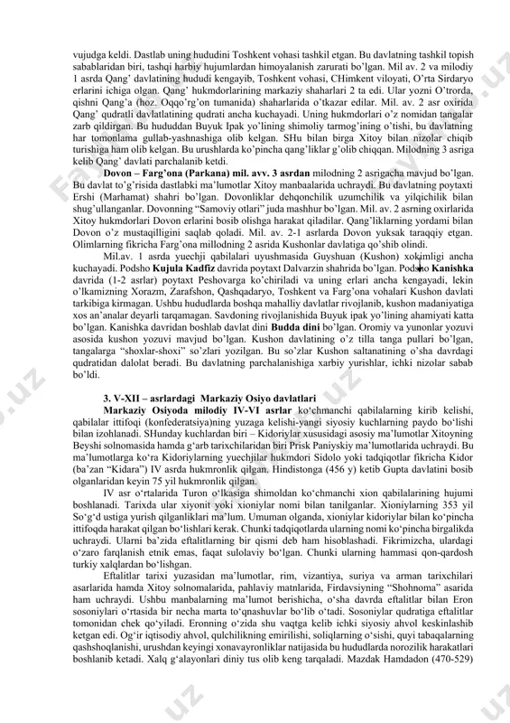 a ijtimoiy-iqtisodiy yuksalish kuzatiladiki, bu yuksalish ilk davlatchilikning asosiy poydevori hisoblanadi. ahmoniylargacha bo’lgan davrda ba’zi bir vohalar, asosiy o’troq aholi joylashuvi o’lkalari edi. ularning hududlarida manzilgohlar, sug’orish inshootlari, o’zlashtirilgan er maydonlari bor edi. bir qancha shunga o’xshash, daryolar vohalarida joylashgan va umumiy aholi joylashuv hududlari bilan bog’liq bo’lgan erlar baqtriya, so’g’diyona, xorazm kabi tarixiy viloyatlarni tashkil etgan. e.v.rtveladzening so’nggi yillardagi (2001) xulosalariga ko’ra, o’rta osiyodagi ikki daryo oralig’ida qadimgi davr davlatchilik evolyusiyasining mil.avv. ii ming yillik va milodiy iv asri oralig’idagi vaqtni qamrab olgan bir necha davrlarni ajratib ko’rsatish mumkin. bular quyidagi davrlardir: birinchi davr – mil.avv. ii ming yillikning ikkinchi yarmi – o’zbekiston janubida embrional shakldagi davlatga o’xshash tuzilmaning qaror topishi. davlatning bunday namunasi jarqo’tonda o’z aksini topgan deyish mumkin. ikkinchi davr – mil.avv. i ming yillikning boshi – mil.avv. 539 yil – baqtriya, so’g’d, xorazm kabi tarixiy-madaniy viloyatlarning shakllanishi. ularda siyosiy hokimiyat to’lishining shaxobchali tizimiga ega bo’lgan davlatning …