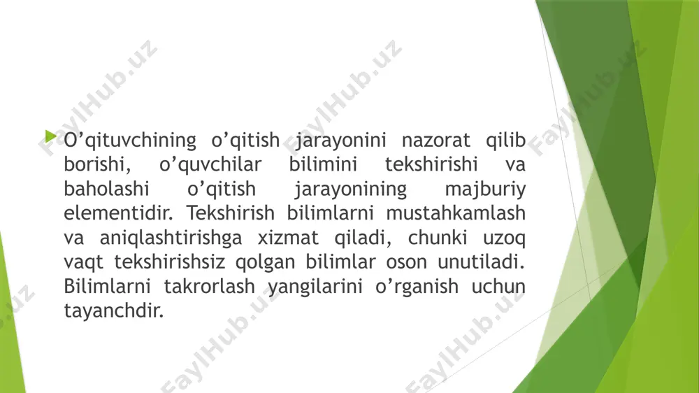 halaqit beradi. shuning uchun ham individual so’rash, ya‘ni ayrim o’quvchining ravon hikoyasi so’rashning asosiy turi hisoblanadi. so’rash jarayonida o’qituvchi o’quvchilarning bilimlari naqadar aniqligi va fahmlab olinganligini, ularning o’rganilayotgan jonsiz tabiat ob‘ektlari, o’simlik va hayvonlar to’g’risidagi tasavvur va tushunchalarini qanchalik to’g’ri ekanligini aniqlash kerak bo’ladi. shunga ko’ra materialni faqat og’zaki bayon qilinishi bilan qanoatlanib qolmaslik kerak. talab qilish kerakki, o’quvchilar javoblarida kuzatish natijalaridan foydalansinlar, o’z hikoyalarini o’qituvchi materialni tushuntirishda foydalangan jadval, model va boshqa o’quv qurollarini ko’rsatish bilan birga olib borsinlar. bilimlarni yozma tekshirish. tekshirishning bu turi savollarga yozma javob berish yoki yozma topshiriq bajarish tarzida o’tkaziladi. yozma ishlar uchun o’rganilgan ob‘ektlarni sanab berish bilan bog’liq bo’lgan: tabiat hodisalari, landshaftlarning ayrim elementlari va odamlarning xo’jalik faoliyatlari o’rtasidagi aloqa yoki o’zaro bog’liqlikni ochib beruvchi; bolalarning tabiatshunoslik tushunchalarini bilib olganliklarini aniqlovchi; tabiatdagi kuzatish va natijalarni ta‘riflashni mo’ljallagan, tabiiy ob‘ekt yoki jarayonlarni rasmlar chizish yordamida tasvirlash; tabiat ob‘ektlarini tanib olish bilan bog’liq bo’lgan savollar …
