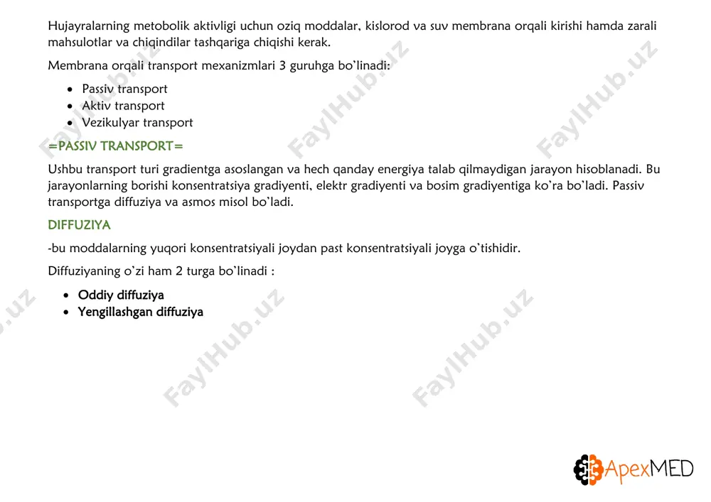 port qilinuvchi modda birikishi mexanizmni boshlab beradi: turlari:  uniport – bunda faqat bitta turdagi molekulalarning tashilishi yuz beradi  simport – bir molekulaning transporti boshqa bir molekulaning transportiga bog’lab amalga oshiriladi. mn: buyrakning tubulyar hujayralarida “na + glukoza” transporti  antiport – bunda tashuvchi oqsillar bir molekulani boshqasi bilan almashtiradi oddiy va yengillashgan diffuziya o’rtasidagi farqlar  spetsifiklik. tashuvchi oqsillar yuqori spetsifiklikka ega  to’yinuvchanlik. oddiy diffuziyada moddalarning konsentratsiyasi ortishi bilan to’yinuchanlik darajasi ham proporsional ortib boradi. ammo yengillashgan diffuziya to’yinuvchanlik nuqtasiga ega (fig 1.3-1)  raqobat. ikki xil molekulaning bir oqsil kanalidan o’tishida yuzaga keladi. oddiy diffuziyada bunday jarayon yo’q. diffuziya tezligiga ta’sir etuvchi omillar o hujayra membranasi o’tkazuvchanligi. quyidagi xususiyatlari tufayli membrana o’tkazuvchanligining o’rni katta:  membrana qalinligi (-)  moddalarning yog’da eruvchanligi (+)  membranadagi oqsil kanallarining miqdori (+)  temperatura (+)  molekulalar hajmi (-)  membrana maydon kattaligi (+) o konsentratsiya gradiyenti. ushbu tushuncha …
