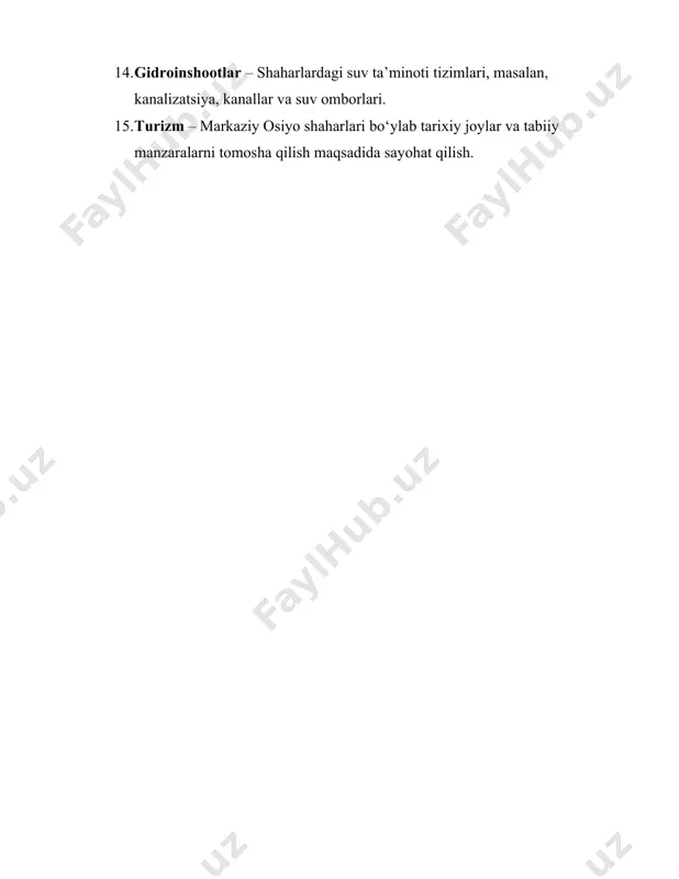 ahar. 5. toshkent – o‘zbekistonning poytaxti va markaziy osiyodagi eng yirik shahar lardan biri. 6. ashxobod – turkmaniston poytaxti, zamonaviy va ulkan marmar binolari bilan mashhur. 7. almati – qozog‘istonning sobiq poytaxti va iqtisodiy markazi. 8. bishkek – qirg‘iziston poytaxti, siyosiy va madaniy markaz. 9. dushanbe – tojikistonning poytaxti, m amlakatning siyosiy va iqtisodiy markazi. 10. ipak yo‘li – markaziy osiyoni yevropa va osiyo bilan bog‘lagan qadimiy savdo yo‘li. 11. madaniy meros – shaharlarning tarixiy va arxitektura obidalari, milliy urf - odatlari va an’analari. 12. arxitektura – shaharlardagi tar ixiy binolar, masjidlar, madrasalar va boshqa inshootlar. 13. urbanizatsiya – shaharlarda aholining ko‘payishi va infratuzilmaning rivojlanishi jarayoni. /docprops/thumbnail.emf markaziy osiyo shaharlar glossariy 1. markaziy osiyo – osiyoning markaziy qismida joylashgan mintaqa, unda o‘zbekiston, qozog‘iston, qirg‘iziston, tojikiston va turkmaniston davlatlari joylashgan. 2. shahar – aholisi ko‘p bo‘lgan, iqtisodiy, madaniy va ma’muriy markaz vazifasini bajaruvchi hudud. 3. buxoro – o‘zbekistondagi qadimiy shahar, tarixiy …