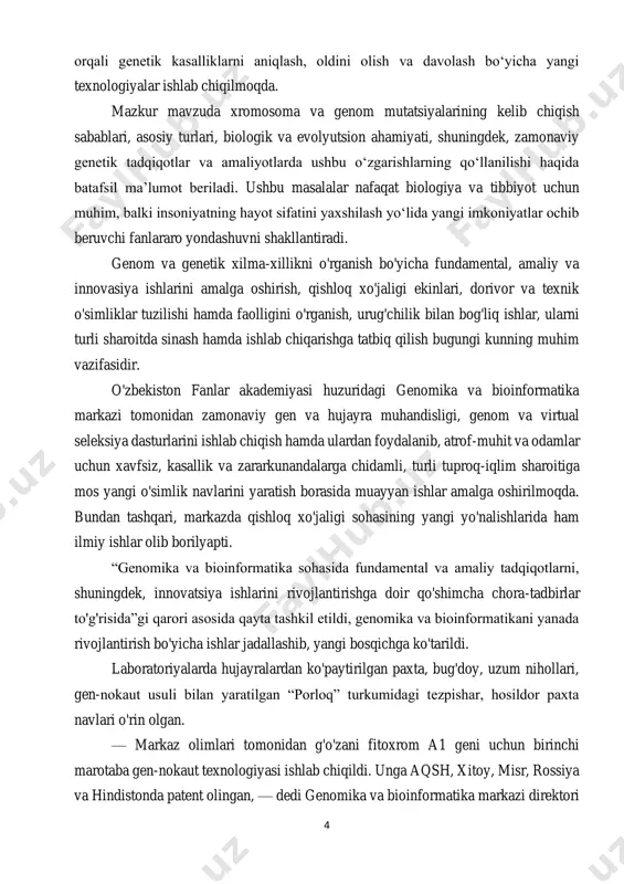 an. — markaz olimlari tomonidan g'o'zani fitoxrom a1 geni uchun birinchi marotaba gen-nokaut texnologiyasi ishlab chiqildi. unga aqsh, xitoy, misr, rossiya va hindistonda patent olingan, — dedi genomika va bioinformatika markazi direktori 5 o'rinbosari zabardast bo'riev. — yaratilgan texnologiya bir vaqtning o'zida g'o'zaning qator foydali xususiyatlarini ijobiy tomonga o'zgartirdi. ushbu texnologiya yordamida g'o'zaning uzun tolali va sifatli, erta pishar, serhosil, qurg'oqchilik va sho'rga chidamli yangi “porloq” navi yaratildi. yangi nav o'rta tolali g'o'za bo'lishiga qaramay, uning tolasi sifati ingichka tolali g'o'zaga deyarli o'xshash. bugungi kunda markazda 6 ta laboratoriya va 2 ta — personallashtirilgan qishloq xo'jaligi ekinlarini o'rganish hamda genetik o'zgartirilgan organizmlar va ularning mahsulotlarini tahlil qilish bo'yicha milliy muvofiqlashtirish markazi bo'limi faoliyat yuritmoqda. shuningdek, markaz qoshida maxsus urug'chilik xo'jaligi, issiqxona, fito¬tron va germoplazma kabi noyob ob'ektlar mavjud. bioinformatika biologiyaning koʻplab sohalarining muhim qismiga aylandi. bioinformatikaning tahlil usullari ushbu soha rivojlanishidan oldin deyarli imkonsiz boʻlgan katta hajmdagi eksperimental maʼlumotlarni sharhlash …