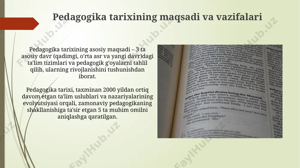 ikaning ildizlari zamonaviy pedagogika o'zining nazariy asoslarini 19-asr oxiri va 20-asr boshlarida paydo bo'lgan eksperimental psixologiya va ijtimoiy psixologiya kabi fanlardan oladi. pedagogikaning rivojlanishiga 16-18-asrlar davridagi gumanizm va ma’rifatparvarlik harakatlari katta ta’sir ko'rsatib, 20 dan ortiq yangi ta’lim uslublari va nazariyalarini shakllantirdi. kelajakdagi ta'lim tizimini rivojlantirish ta'limning individualizatsiyasi va shaxsiylashtirilgan yondashuvlar, ya'ni har bir o‘quvchining ehtiyojlari va qobiliyatlarini hisobga olgan holda, o‘qitishning samaradorligini 15% ga oshirish maqsad qilingan. sanoat 4.0 talablariga javob beradigan, texnologiyalarni qo‘llash orqali o‘qitish jarayonini avtomatlashtirish va raqamli resurslardan foydalanishni 30% ga oshirish rejalashtirilgan. tarixiy rivojlanishni o'rganish ta'lim tarixini o'rganish natijasida, 18-19 asrlardagi yangicha ta'lim uslublarining joriy etilishi jamiyat rivojlanishiga 30% ta'sir ko'rsatgani aniqlandi. pedagogika tarixini o'rganish jarayonida 20-asr boshidagi ta'lim uslublari va ularning samaradorligini baholash bo'yicha 100 dan ortiq ilmiy maqola tahlil qilingan. pedagogik tajribaning o'rganilishi pedagogik tajribaning o'rganilishi o'qituvchilarning 30 yildan ortiq davom etgan professional faoliyatining samaradorligini tahlil qilish orqali ta'lim sifatini yaxshilashga qaratilgan. pedagogik …